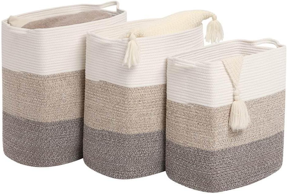 Tall Laundry Basket With Handles,Woven Cotton Rope Big Laundry Hamper Sorters,Versatile Storage for Dirty Clothes,Baby Toys,and Blankets in Bathroom, Nursery,and Living Room (Gradient Brown, 80L)