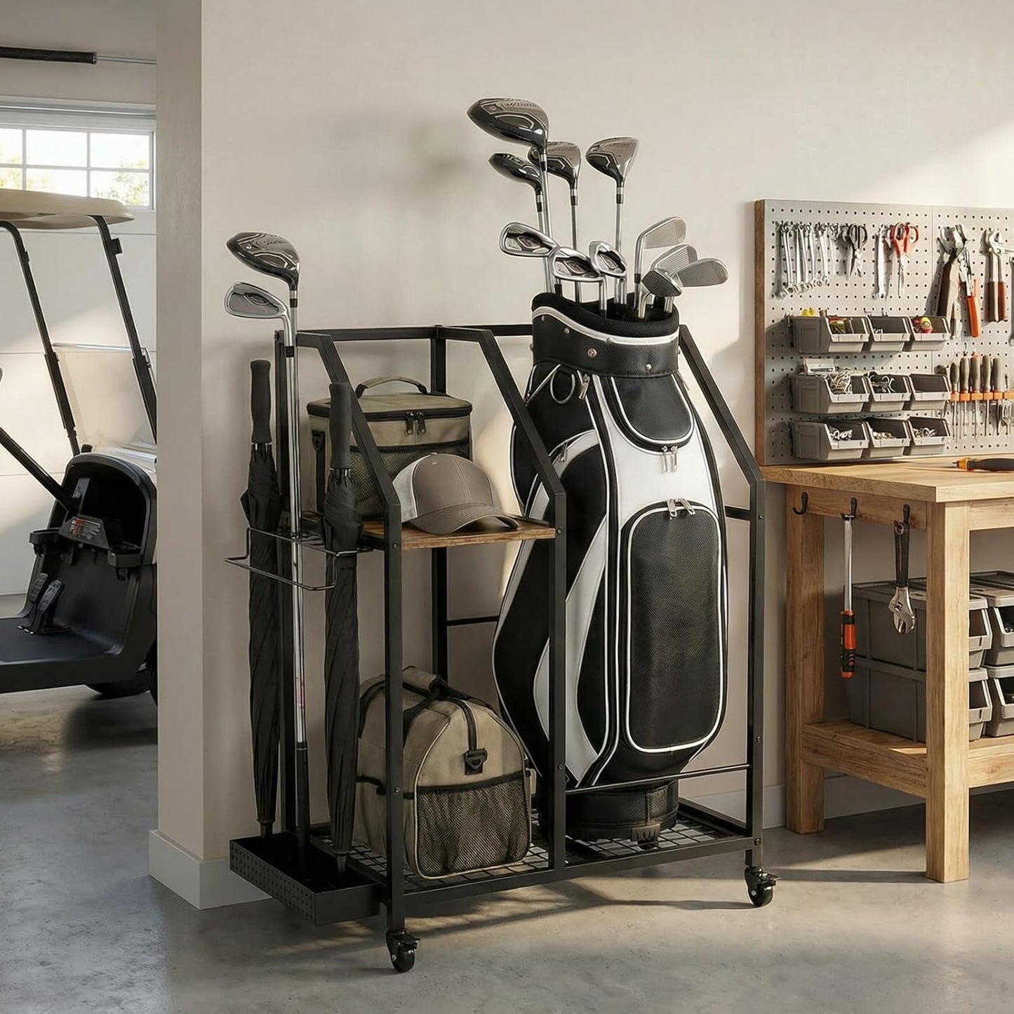 Golf Storage Organizer for Garage, Golf Bag Storage Rack with Wheels, Mobile Golf Club Rack for Garage, Heavy Duty Golf Bag Holder Stand with Rolling Wheels & Multi Storage