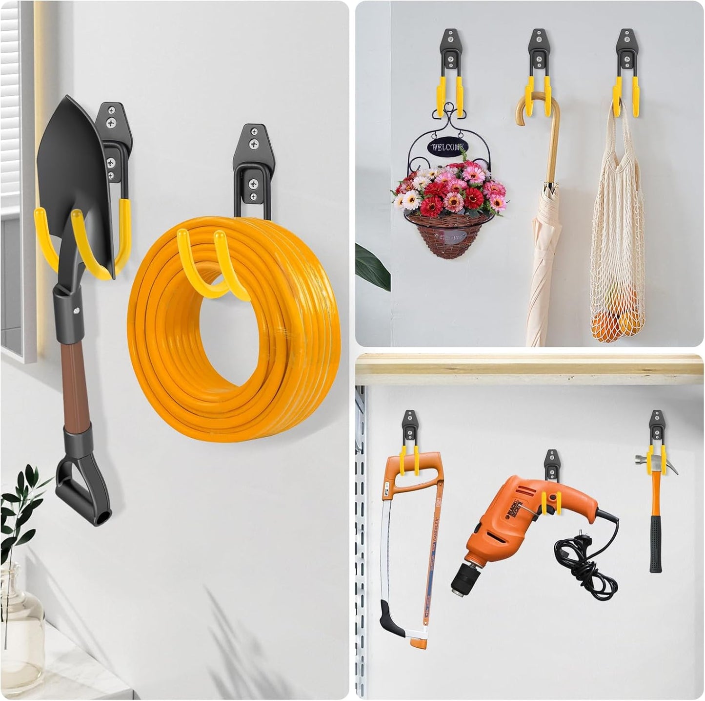 Heavy Duty Hose Hook, Garage Storage Utility Hooks, Garden Hose Hooks with Coating, Wall Mount Hooks for Bikes, Tools, Ladders, Cables, and Outdoor Equipment, Yellow