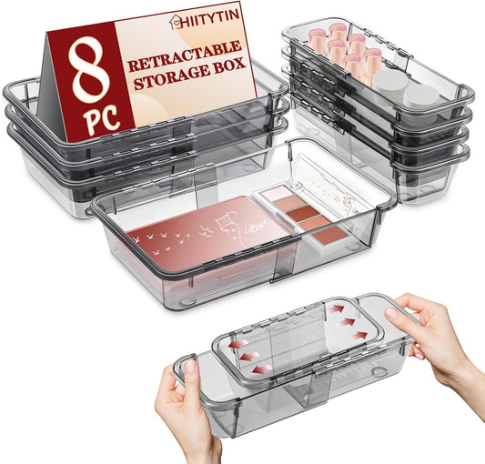 8 Pcs Extendable Clear Drawer Organizer, All Adjustable Vanity Storage Box, 2-Size Desk Drawer Organizer, Acrylic Storage Bins for Makeup, Bedroom Dressers Tool Organizer for Gadgets, Black
