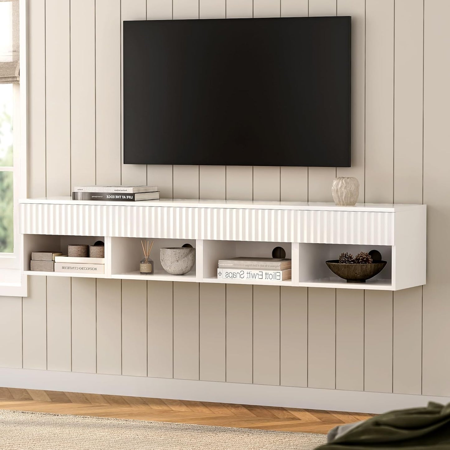 Floating TV Stands Set of 4 with Drawer and Open Shelf, Small Wall Mounted Bedside End Table, Modern Fluted Night Stand for Bedroom, Living Room, White