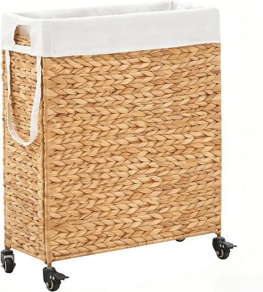 Rolling Laundry Hamper with Wheels, Slim Laundry Basket with Removable Liner Bag & 2 Mesh Bags, Handwoven Water Hyacinth Clothes Hamper for Bedroom Bathroom (Natural, 85L)