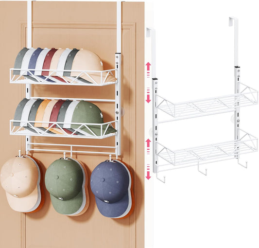 SWTYMIKI Over Door Hat Organizer - 3 Tier Wall Mounted Hat Rack with 2 Adjustable Metal Basket and 3 Hooks, Hanging Baseball Cap Organizer Storage Holds up to 29 Caps for Door, Bedroom, Closet
