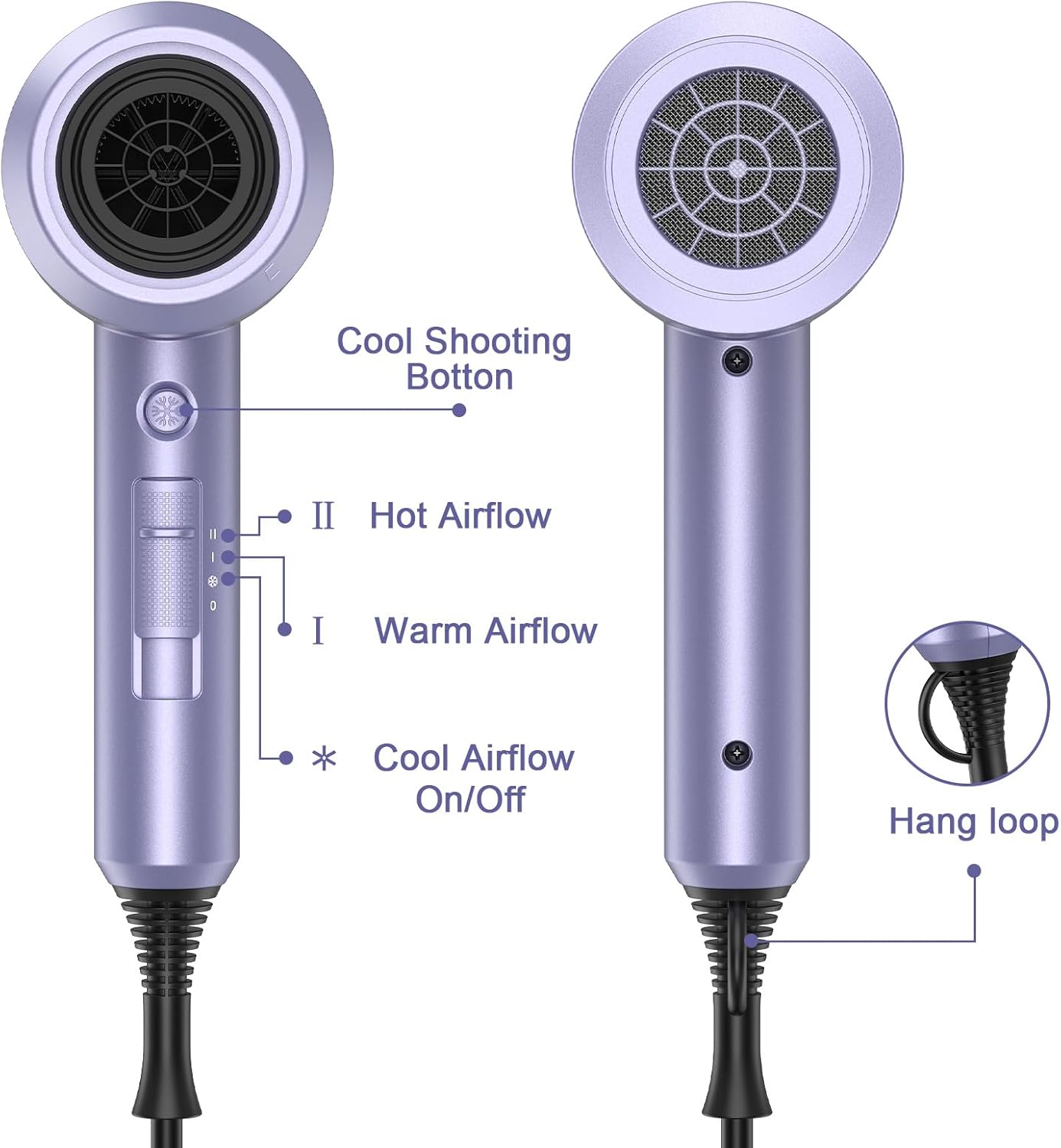 slopehill Professional Ionic Hair Dryer, Powerful 1800W Fast Drying Low Noise Blow Dryer with 2 Concentrator Nozzle 1 Diffuser Attachments for Home Salon Travel (Lavender)