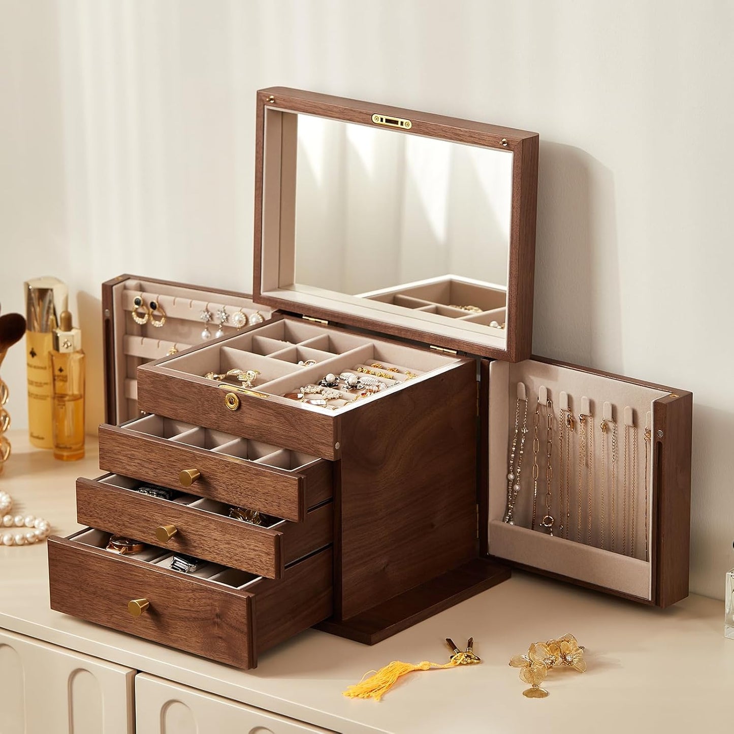 CHOSIN Black Walnut Wooden Jewelry Box, 4-Layer Lockable Wood Jewelry Organizer with Mirror, Side Doors & Brass Handle, Classical Design for Rings, Necklaces, Earrings, Watches, Christmas Gifts