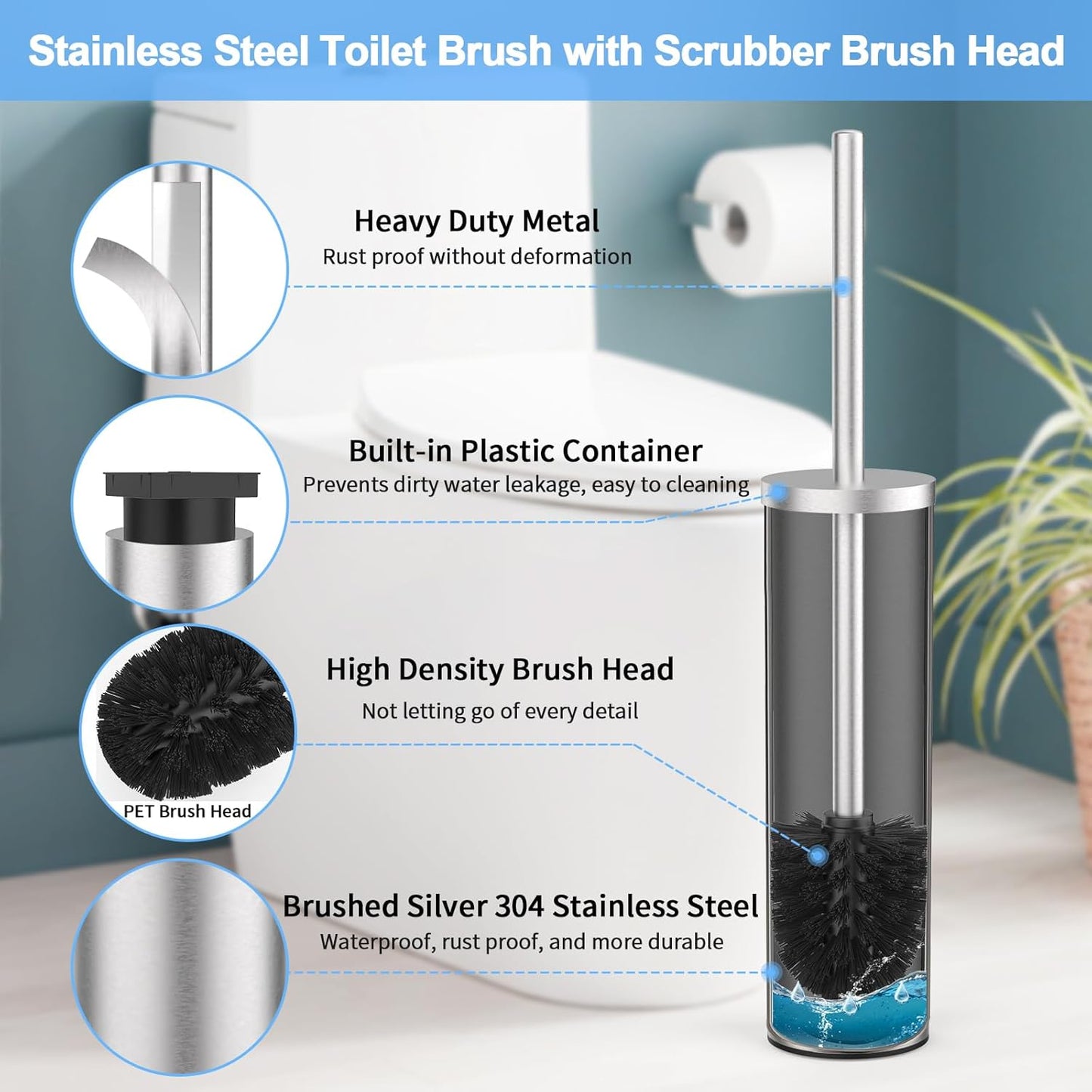 Stainless Steel Toilet Brush and Holder Set Brushed Silver Heavy Duty Toilet Bowl Brush with Long Handle for Bathroom and Farmhouse