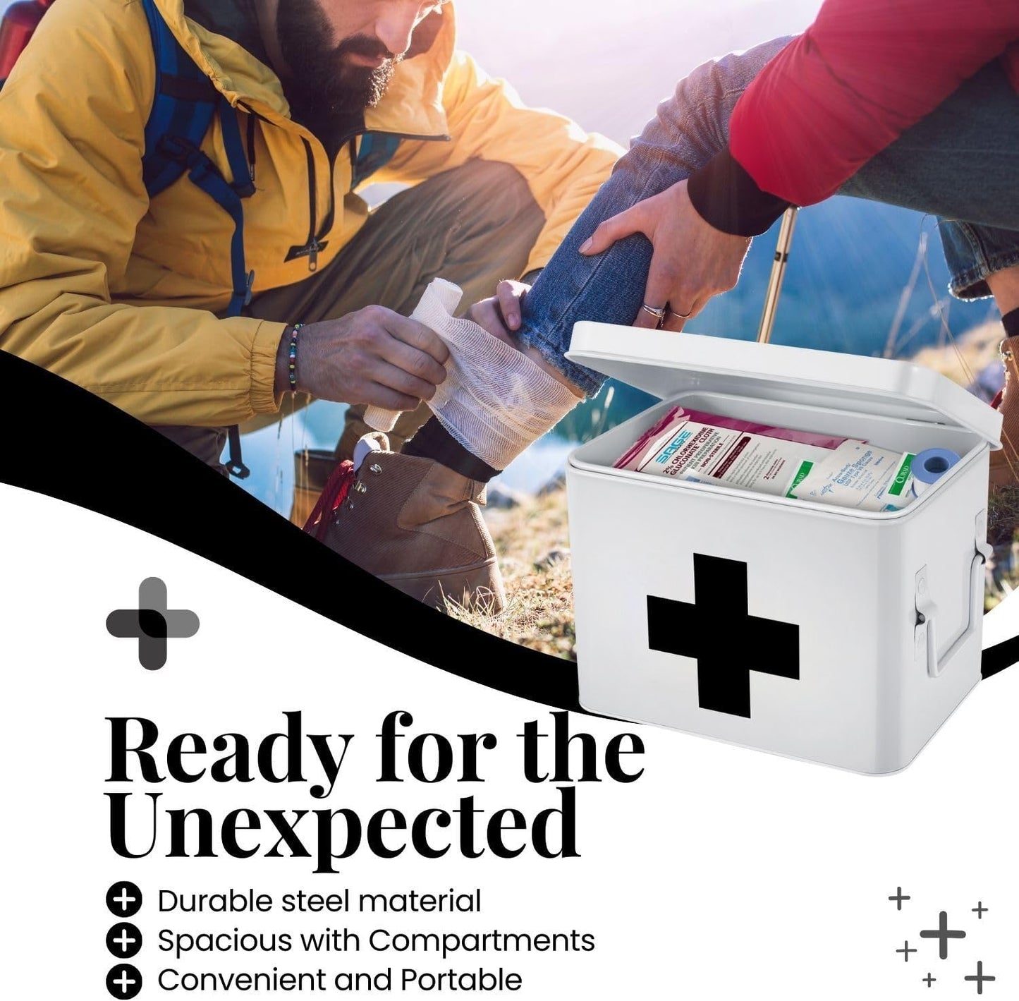 Flexzion First Aid Medicine Box Supplies Kit Organizer - Empty 8" White Metal Tin Medic Storage Bin Hard Case with Removable Tray Gold Cross, Vintage Antique Boxes for Home Family Emergency Tool Set