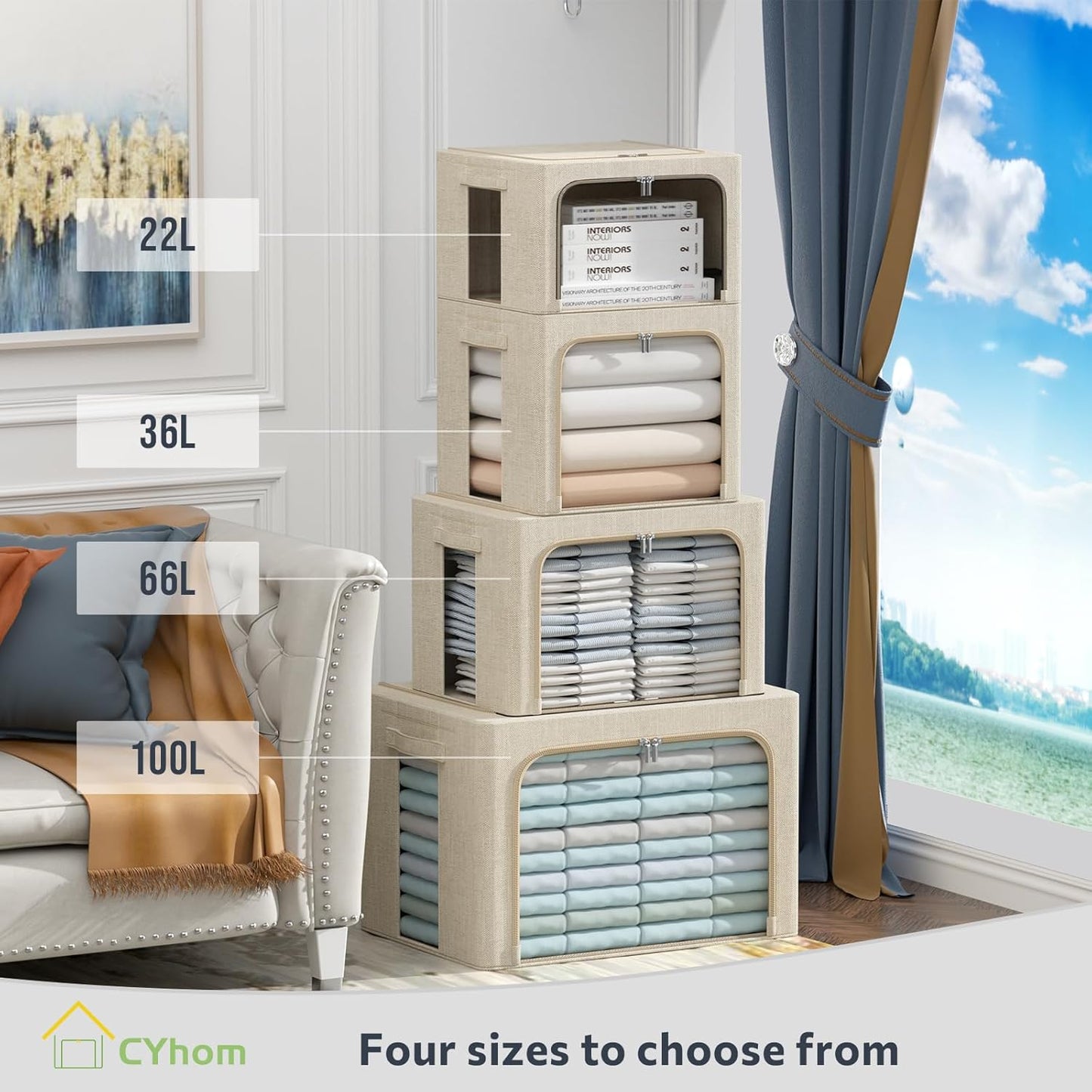 CYhom Extra Large Clothes Storage Bins - Linen Fabric Foldable Stackable Container Organizer Set with Clear Window & Carry Handles & Metal Frame - 2Pack Large Capacity for Bedding, Blankets, Books