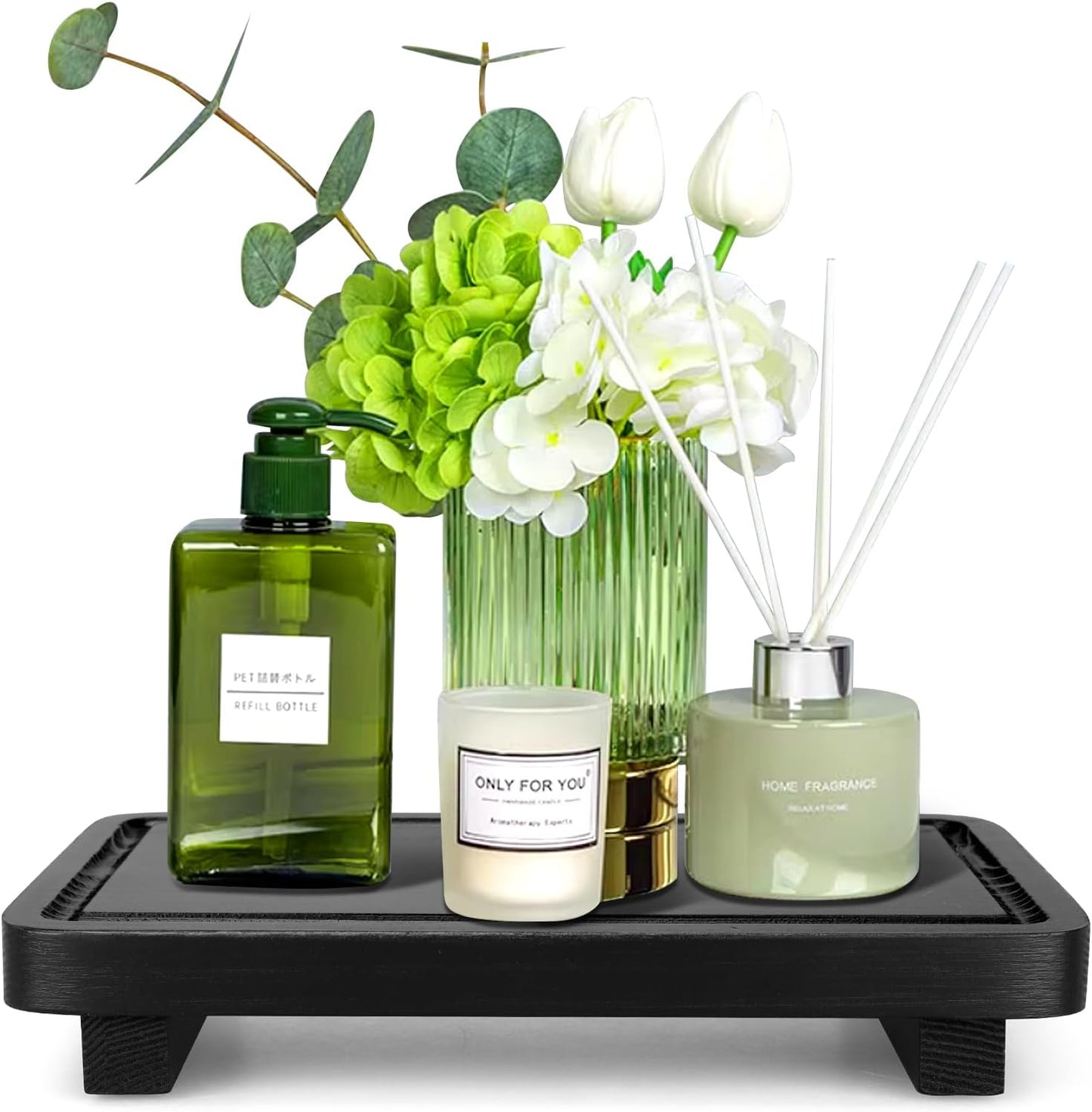 Black Bathroom Counter Organizer Tray Wood Riser Kitchen Countertop Trays Wooden Pedestal Display Stands Dish Soap Dispenser Holder for Bathroom Decor Kitchen Sink Accessories Vanity Tray