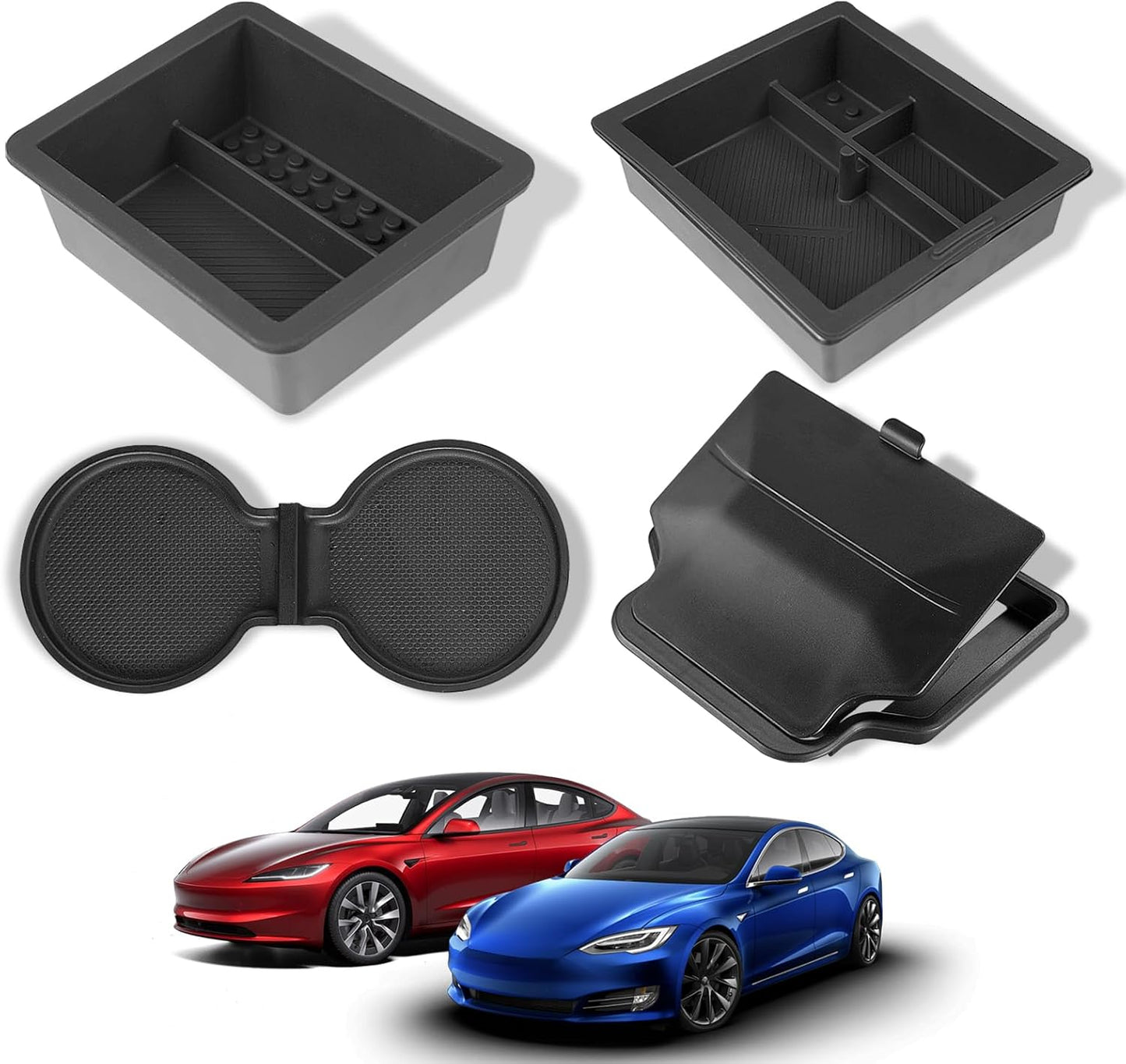 Model Y Juniper and Model 3 Center Console Organizer for Tesla 2025 2026, Refreshed Highland Accessories Set Include Armrest Compartment Tray, Hidden Storage Box and Cup Holder 4Pcs