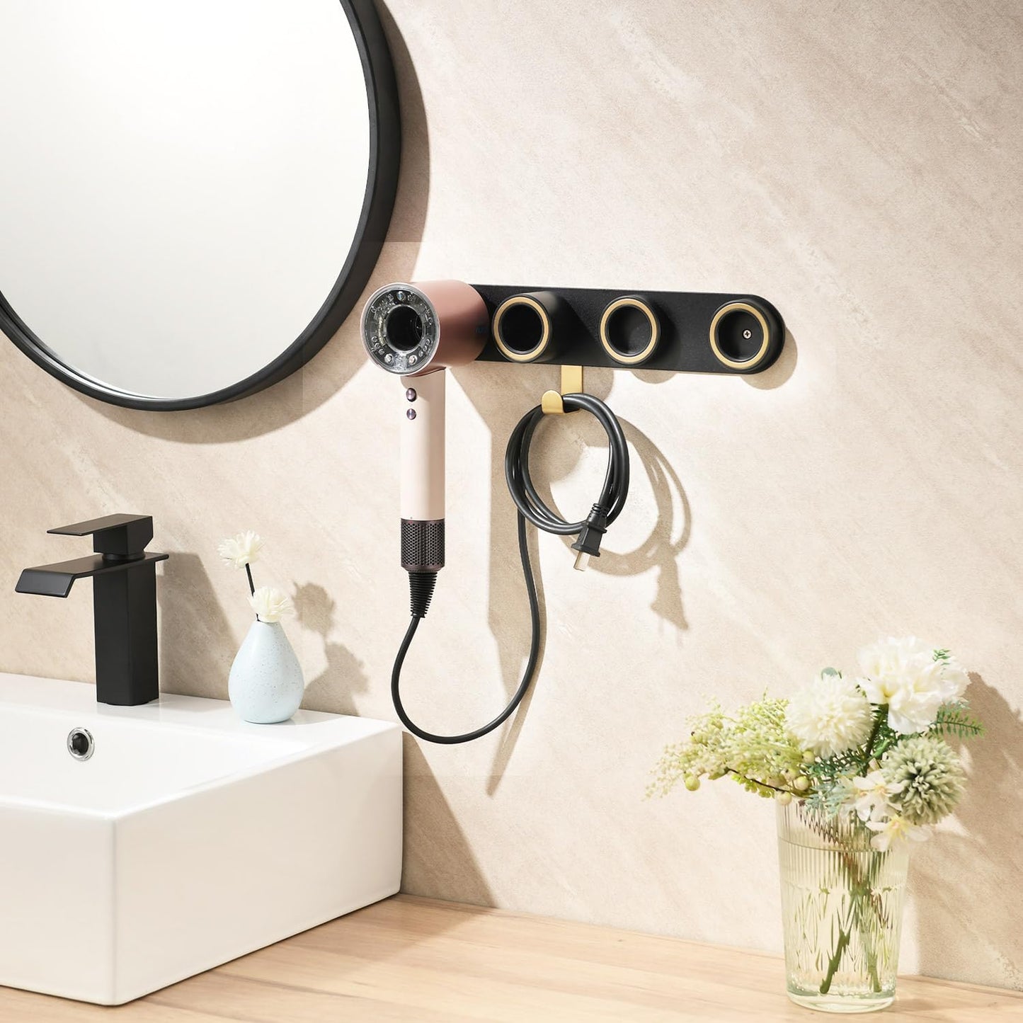 Dyson Hair Dryer Holder Wall Mount, UEMUSI Dyson Blow Dryer Holder for Bathroom, Durable Aluminum Alloy Hair Dryer Wall Mount Hanger Organizer for Dyson Supersonic Magnetic Design with Cord Hook Black