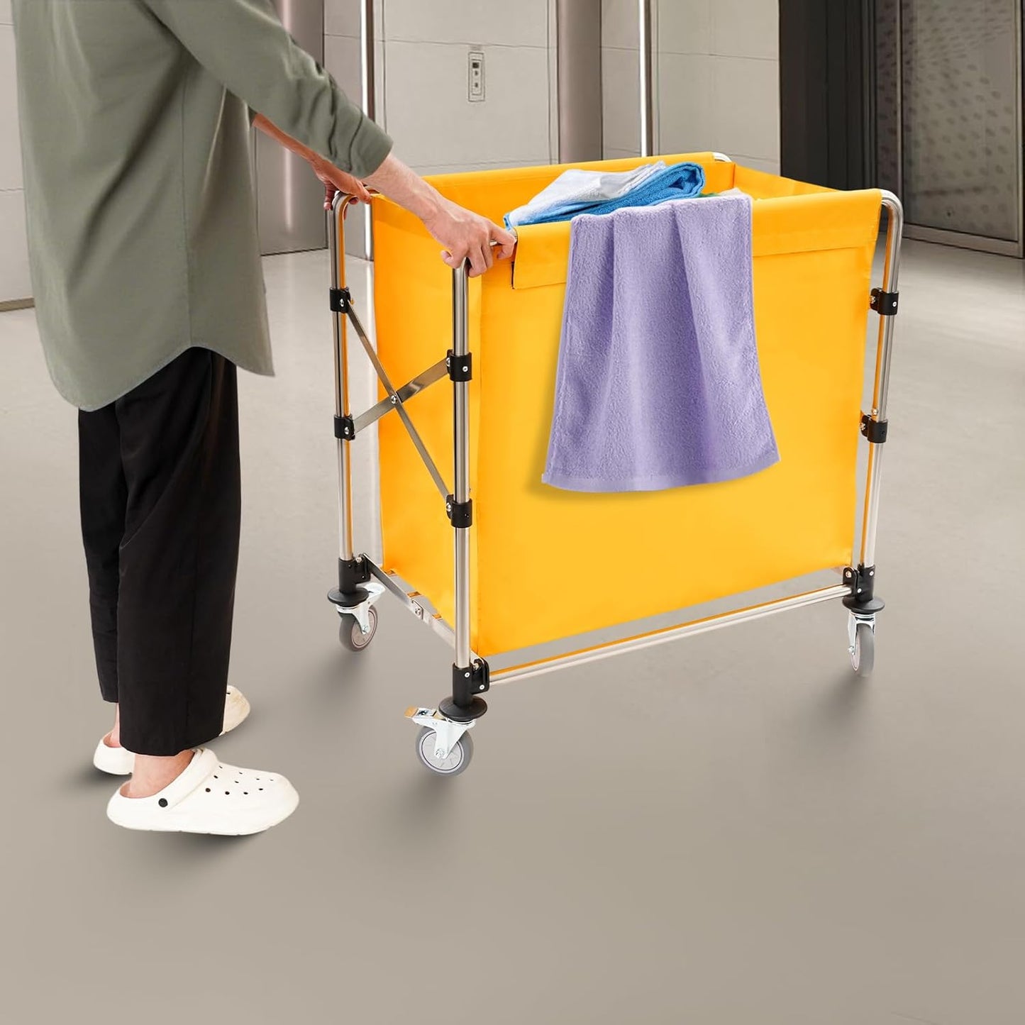 Commercial Laundry Cart with Wheels,Folding Laundry Hamper Cart,Heavy Duty Rolling Laundry Basket with Large Capacity,Laundry Sorter Trolley for Home Hotel Apartment (Yellow, 34.25 * 19.7 * 36.22in)