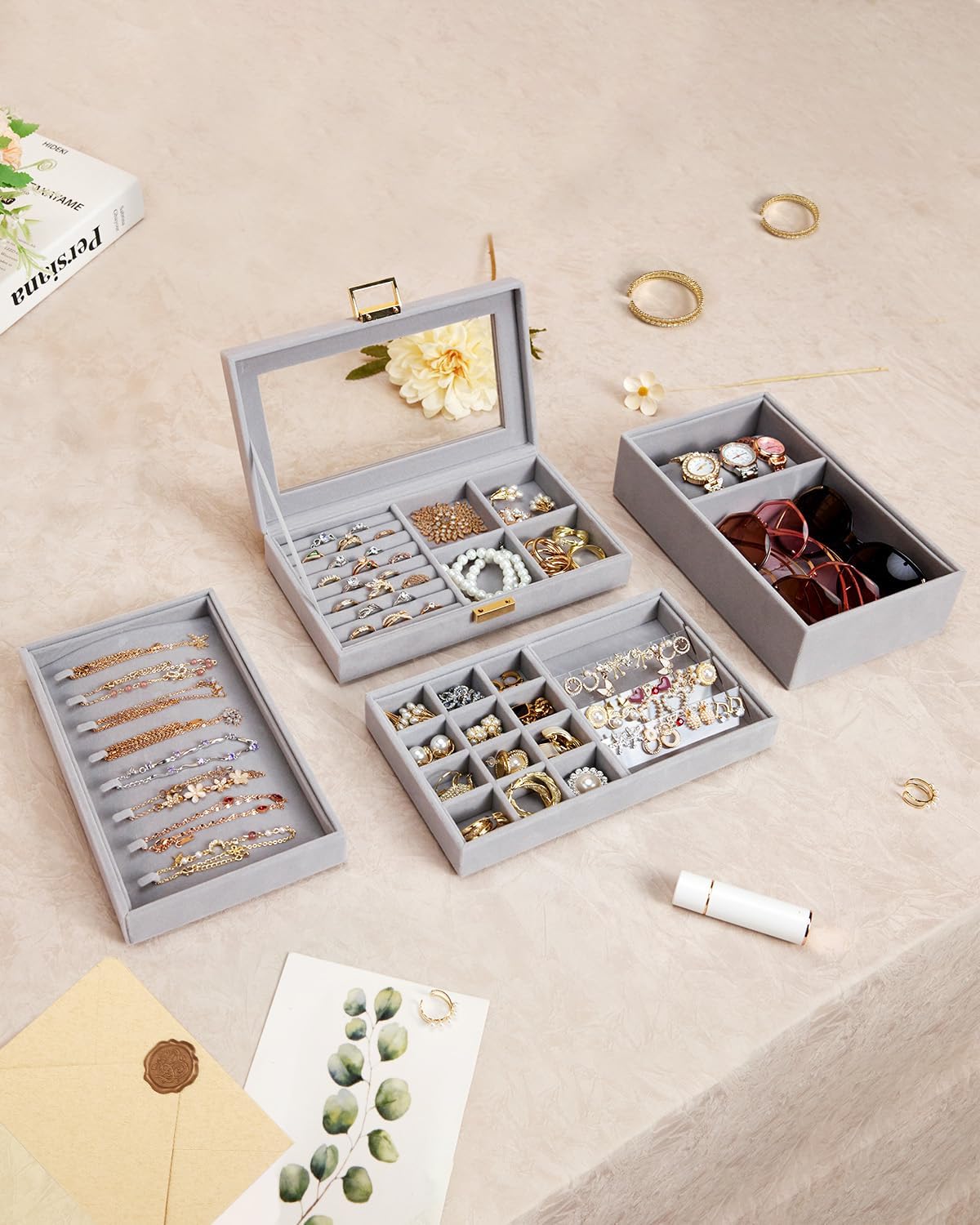Homde Jewelry Tray Stackable Jewelry Box Drawer Organizer with Glass Lid, Removable Dividers for Vanity Table - Christmas Gift Idea for Girls and Women (Gray)