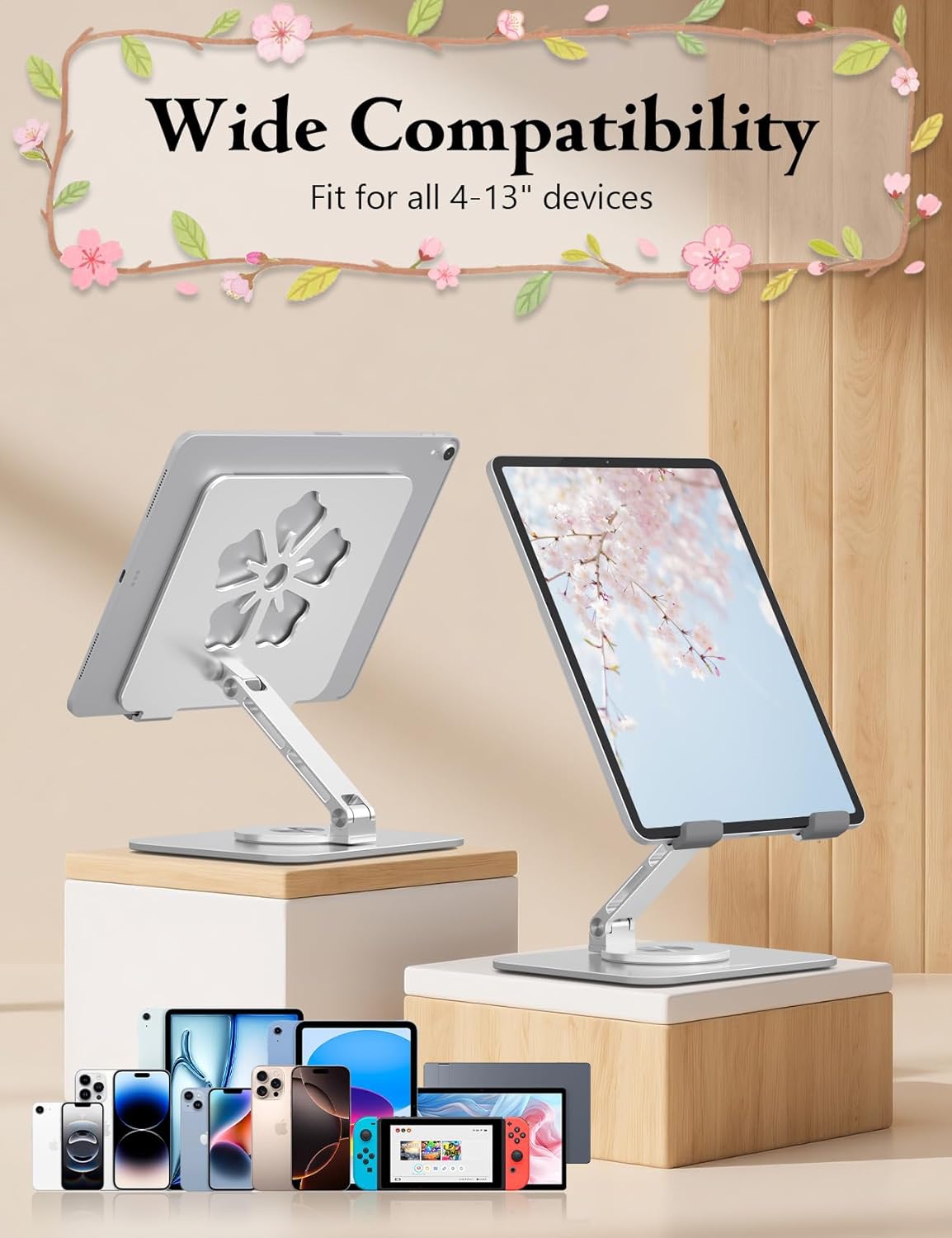 Tablet Stand for iPad, 360° Rotating Aluminum Foldable Holder – Adjustable Desk Stand | Fits iPad Pro 12.9/11,Samsung Galaxy Tab – Portable for Home, Office & Travel,Silver