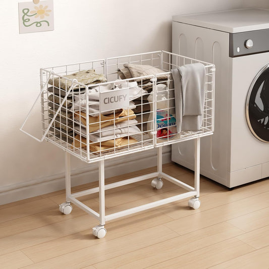 Wire Laundry Hamper, 80L Rolling Laundry Basket Cart on Wheels, Dirty Clothes Basket with Handle, Metal Clothes Hamper Organizer for Laundry Room, Bathroom, Bedroom, Dorm, White