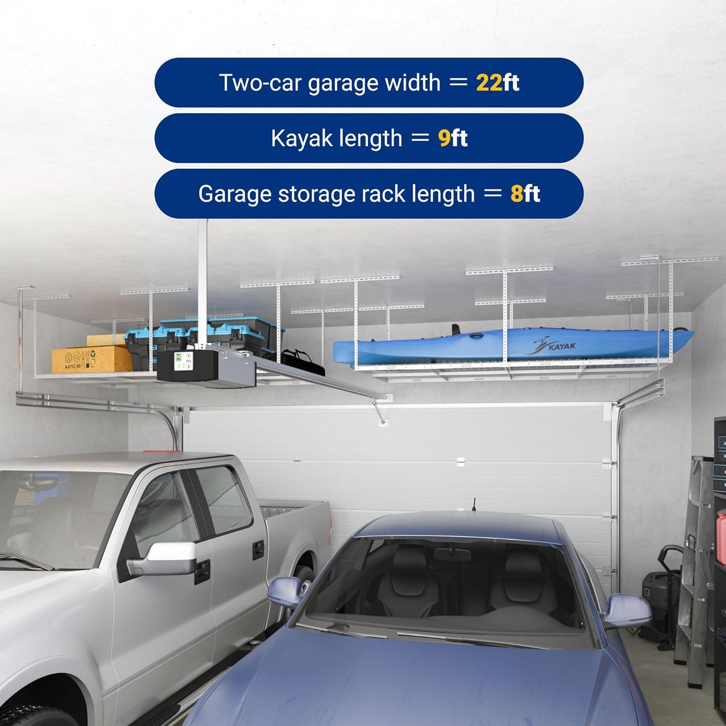 FLEXIMOUNTS 4x8 Overhead Garage Storage Rack, Adjustable Organization System, Heavy-Duty Metal Ceiling Racks, 750lbs Weight Capacity, White, Classic Series