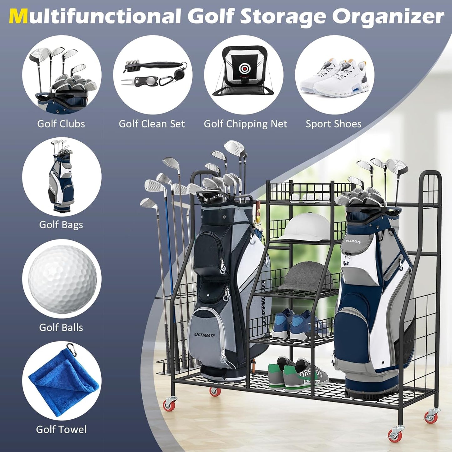 GYMAX Golf Bag Organizer, Golf Storage Garage Organizer with Lockable Wheels & Golf Club Side Pockets, Extra Large Golfing Equipment Rack for Golf Accessories Garage Organizer