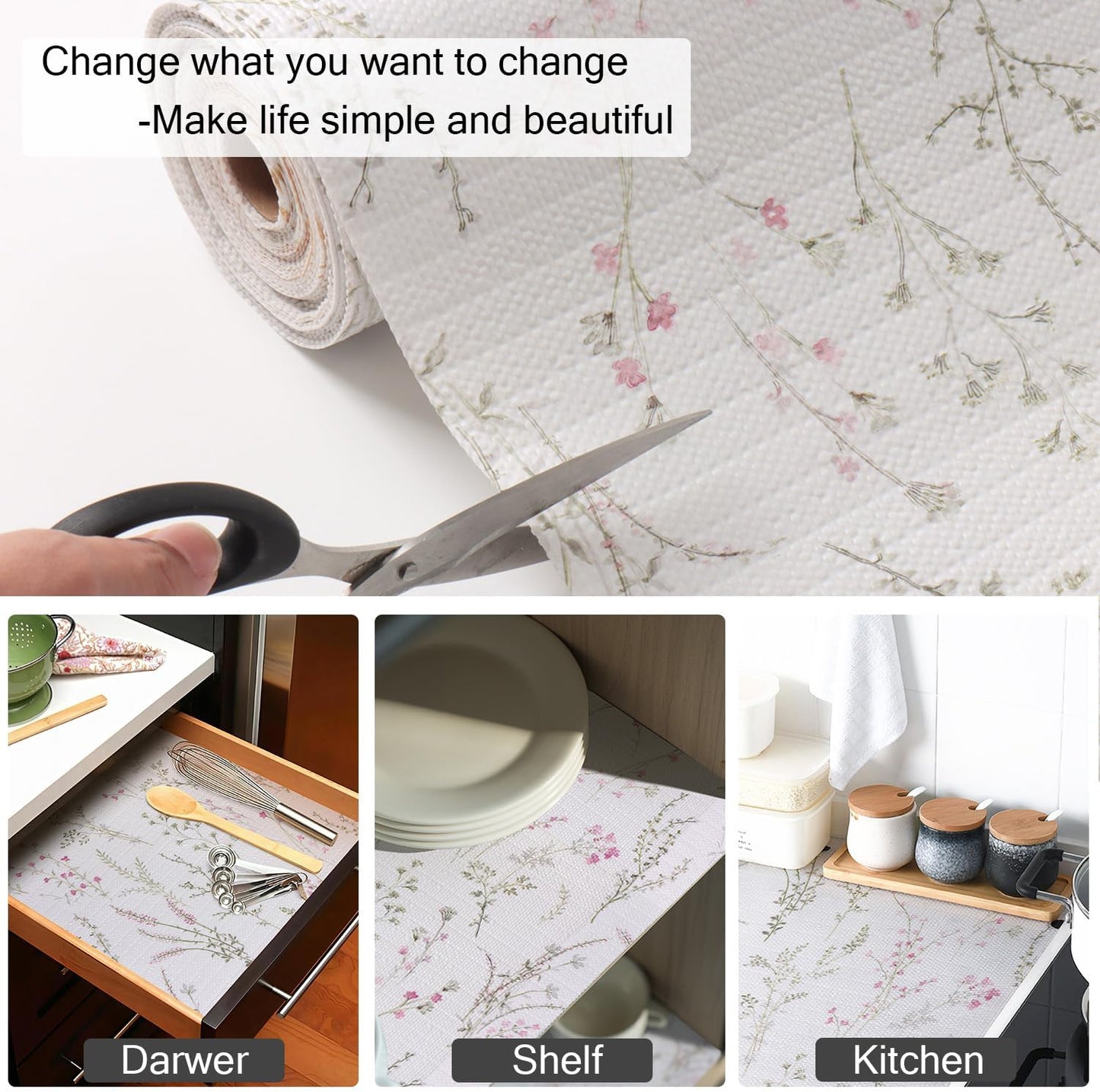 Floral Drawer and Shelf Liner for Cabinets, 12IN x 20FT Non-Adhesive and Strong Non-Slip Flower Shelf Cabinet Drawer Liners for Kitchen,Table,Bookshelves,Waterproof Cupboard Liners
