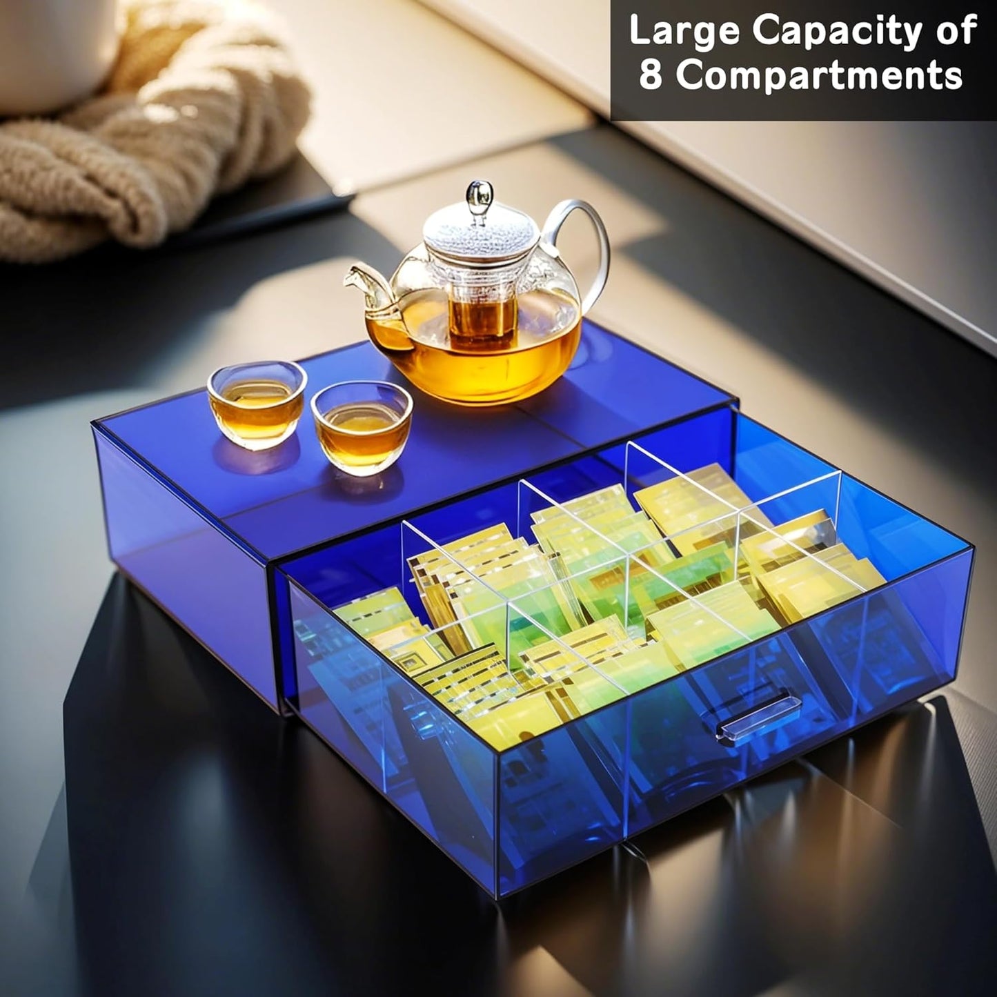 Acrylic Tea Bag Organizer and Storage Box Stackable Tea Bag Holder with Drawer for Countertop, Navy Blue