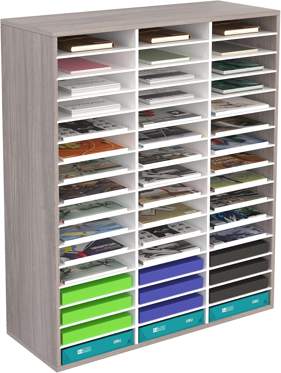 TQVAI Literature Organizer, Heavy Duty 48 Compartments Countertop Mail Organizer with Adjustable Shelves, Wooden Desk Paper Storage Organizer, Mailboxes Cubbies for Office, Classroom, Retro Grey/White