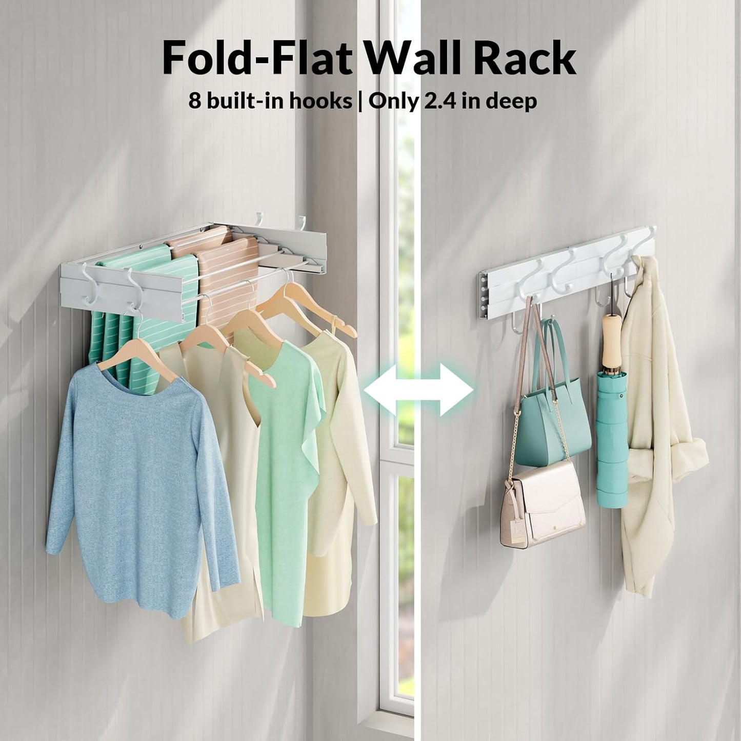 BAKON Wall Mounted Foldable Clothes Drying Rack - Indoor Outdoor Laundry Drying Rack with 4 Hooks & 4 Poles, Space Saving Concealed Design for Storage (23.6"【Upgrade】)