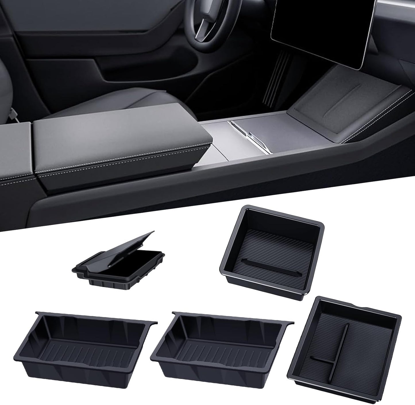 5PCS Center Console Organizer Tray for Tesla Model Y Juniper Accessories 2025, Center Console Storage Tray Armrest Hidden Box Orgainzer and Underseat Storage Box for New Model Y