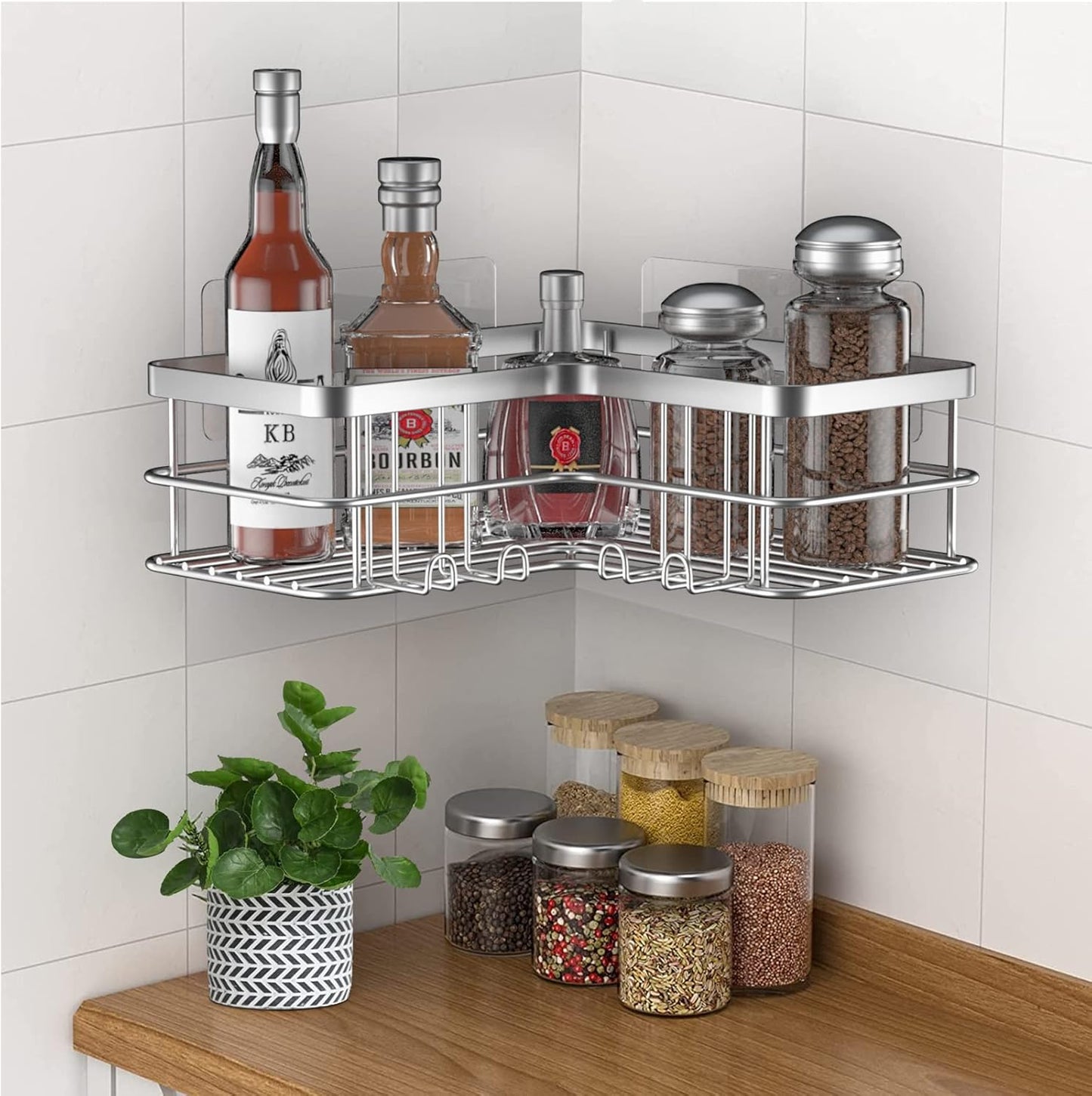 Yazoni Corner Shower Caddy, Adhesive Shower Shelves No Drilling [2-Pack], Rustproof Stainless Steel Bathroom Shower Organizer with 8 Hooks