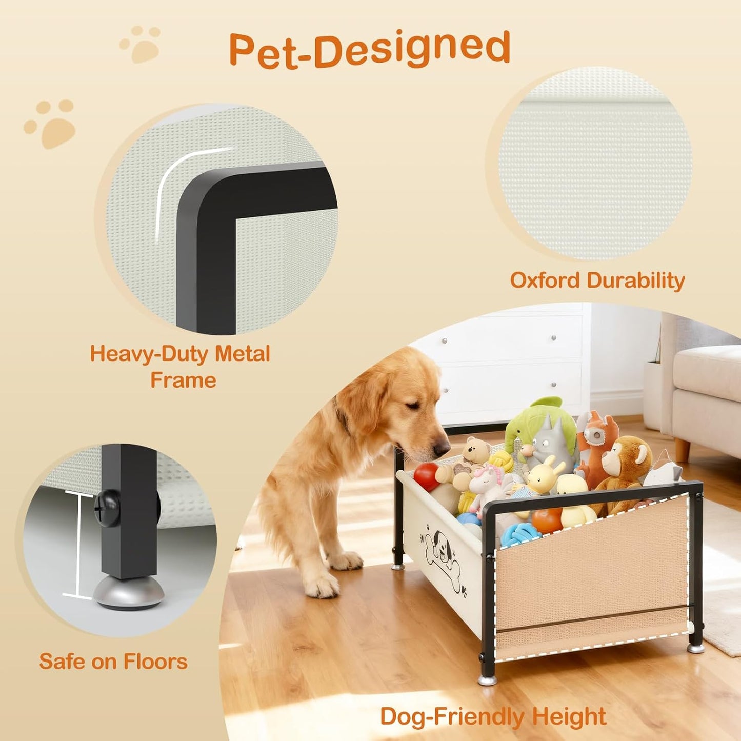 Dog Toy Basket, Toy Box for Dogs, Metal Frame Oxford Fabric Pet Storage Organizer for Living Room