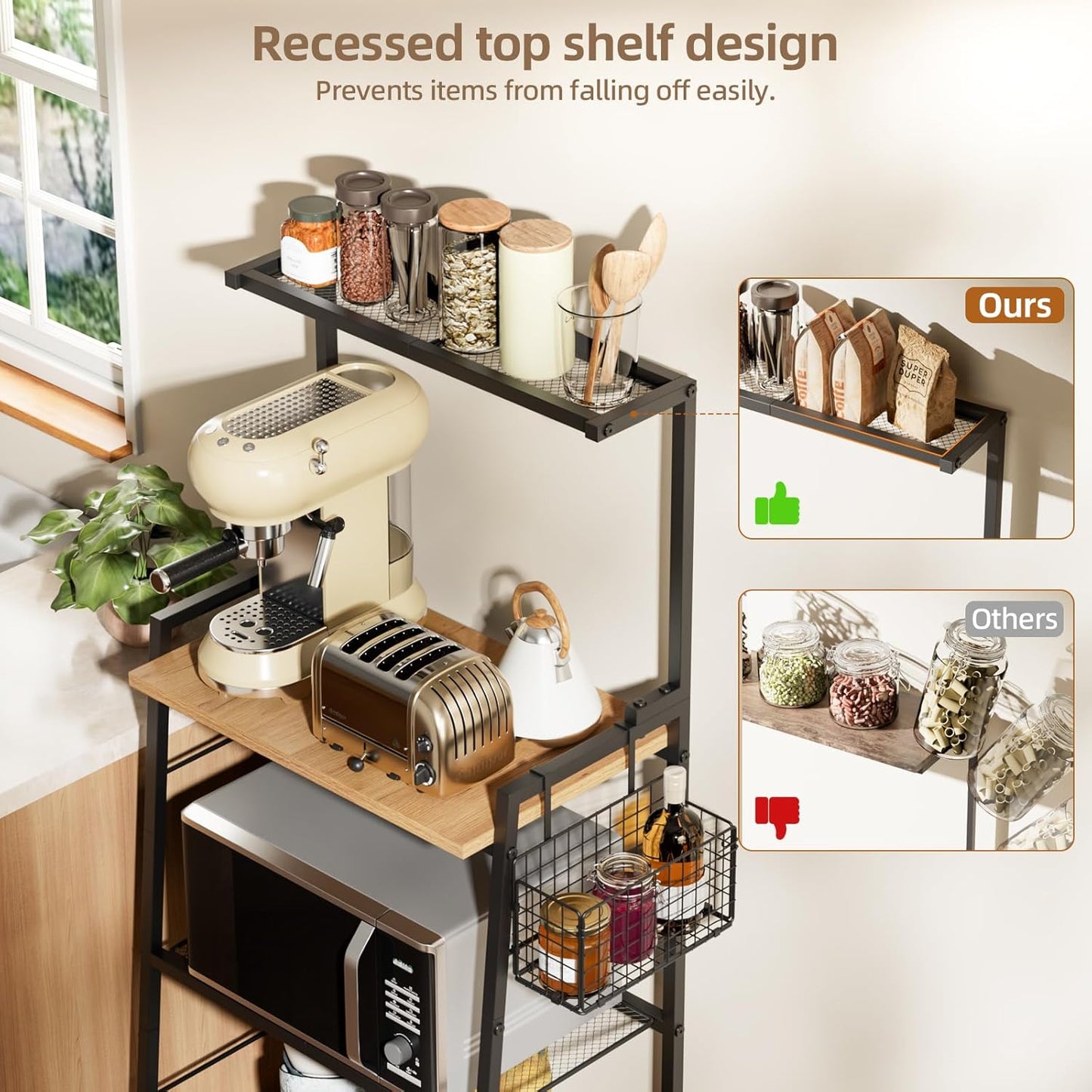 Bakers Rack with Foldable Basket, Large 4 Tiers Coffee Bar Station, Kitchen Microwave Stand with Storage, Metal Shelf Rack for Living Room, Office, Garage (Rustic Brown)