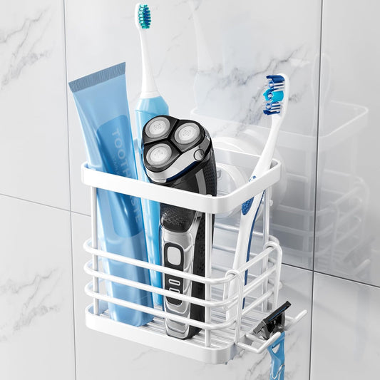 TAILI Patented Suction Cup Toothbrush Holder, Stainless Steel Anti-Puddling Toothbrush Shower Holder, No Drilling Removable Organizer for Bathroom Toothpaste, Razor, Kitchen and Office Items, White