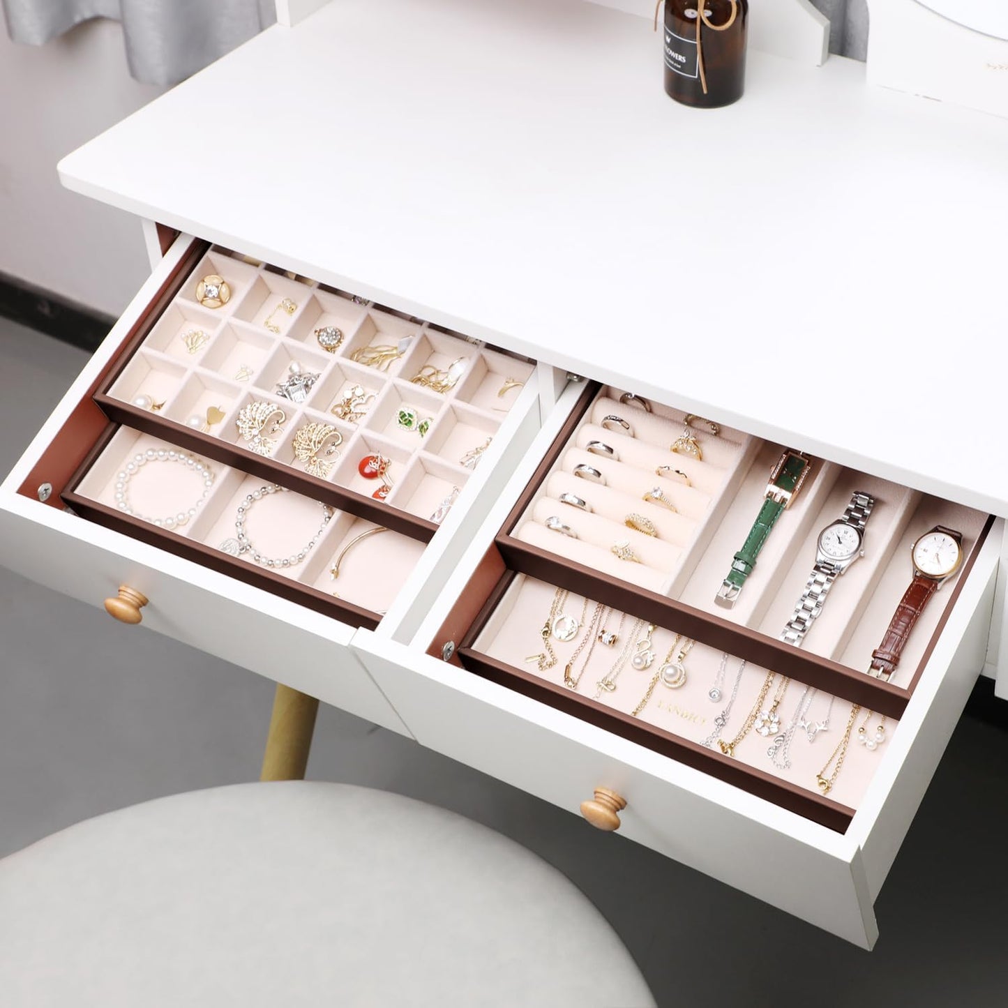 LANDICI Stackable Jewelry Organizer Trays 4 Set,PU Leather Jewelry Organizer Drawer,Jewelry Storage Display Tray for Earring Necklace Rings Bracelet with Removable Dividers,Coffee