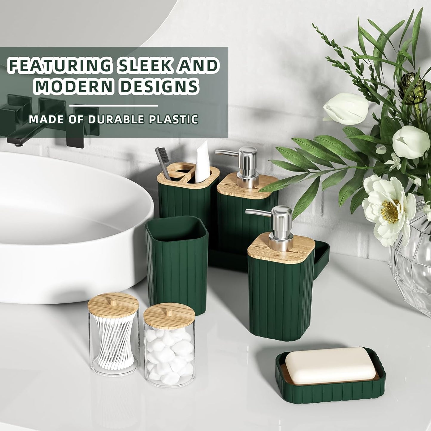 Bathroom Accessories Set - 25PC Green Bathroom Set, Bathroom Set with Shower Curtain and Rugs, Green Shower Curtain Set, Toilet Brush, Bathroom Trash Can