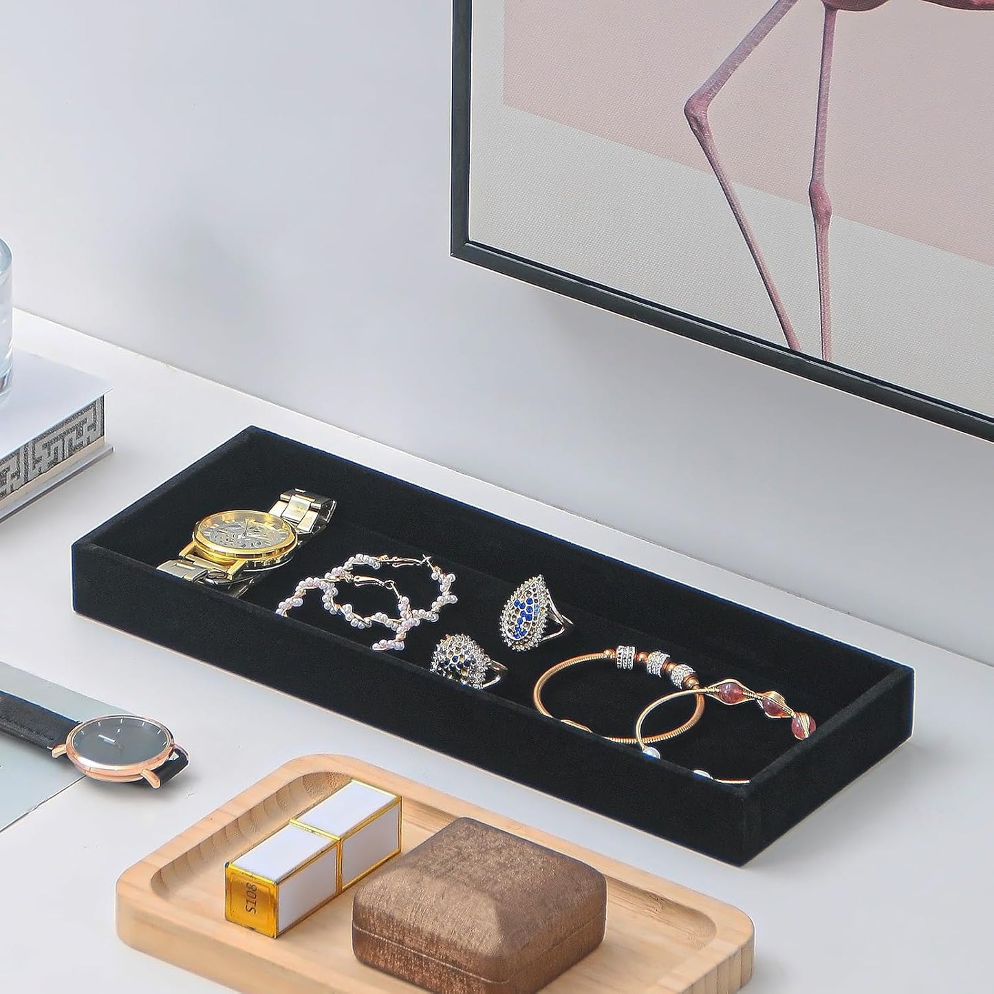 2Pcs Desk Drawer Storage Tray, Nightstand Organizer Tray, Necklace Bracelet Ring Earring Jewelry Display Tray, Grid Table Organizer Holder Tray for Sunglass, Phone, Watch, Perfume (1 grid)/Black