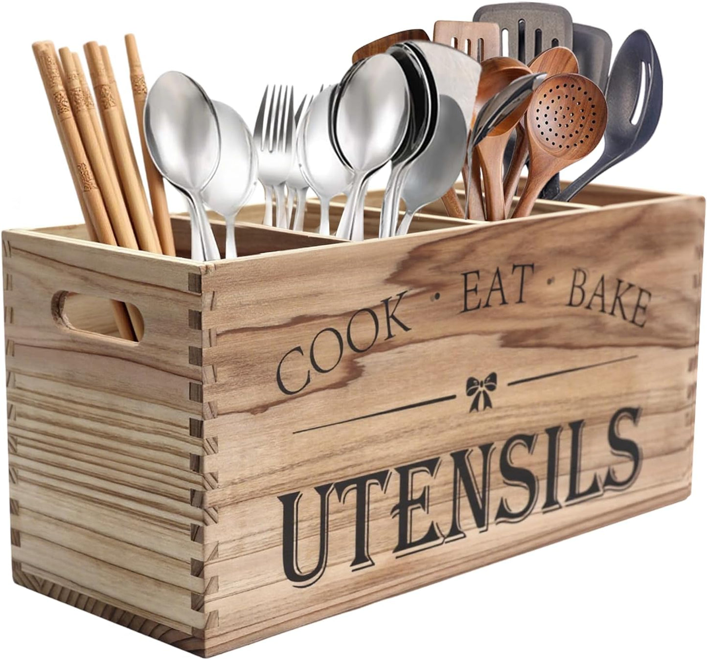 Utensil Holder for Bakers and RV Kitchens - Extra Large 4 Compartment Wooden Countertop Organizer Storage for Cooking Tools, Kitchen Utensils, Daily Essentials in Solid China Fir Wood