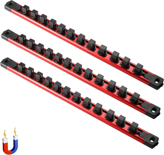 ALOANES 3-Piece Magnetic Socket Organizer, Heavy Duty Aluminum Socket Rails Organizer, 360° Swivel Clips Socket Holder Kit for Tool Box, 1/2-Inch Socket Holder x 36 Clips (Red)