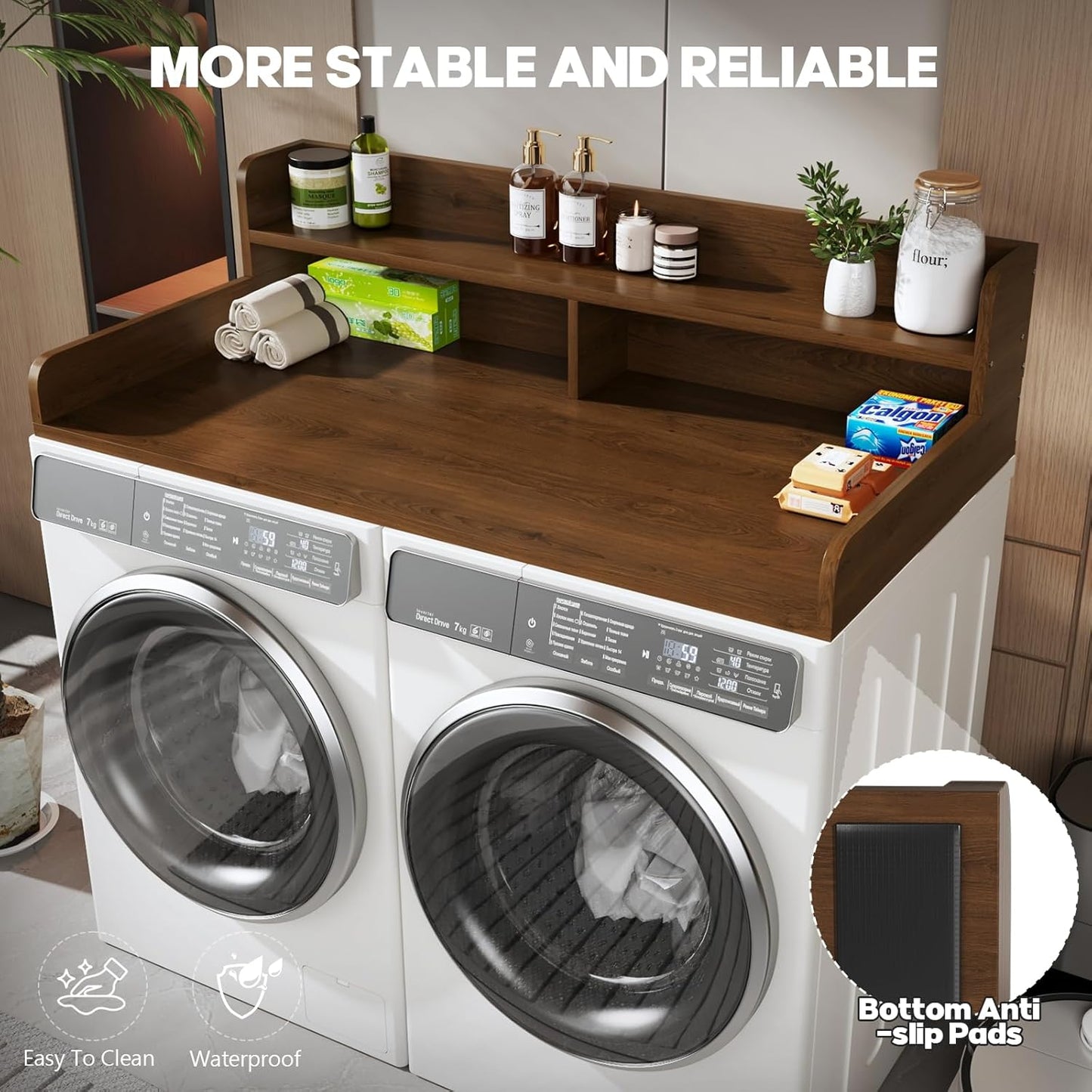 2-Tier Washer and Dryer Countertop with 2.75" H Guard,54" W x 27.5" D Laundry Countertop Cover with Non-Slip Pad,Large Space Laundry Topper for Folding Clothes Over Washer and Dryer-Brown