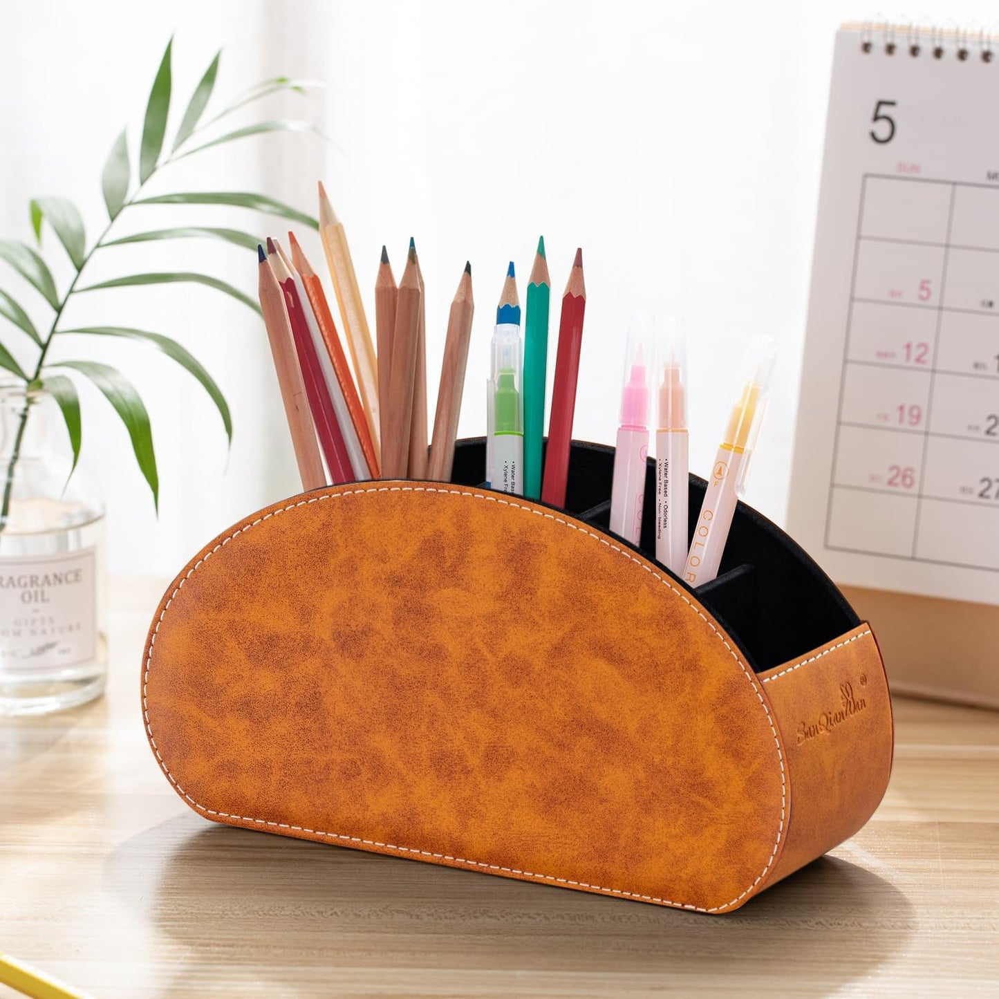 Remote Control Holders Organizer Box with 5 Compartment PU Leather Multi-functional Office Desk Storage Caddy Store Tv Remote for Media Player,Brush,Pencil,Glassees&Office Supplies (Two tone brown)