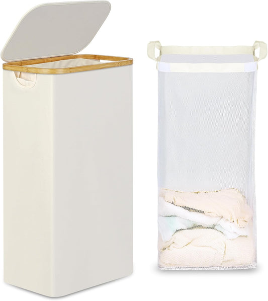 efluky Slim Laundry Basket with Lid, Narrow Laundry Hamper with Removable Bag, Skinny Dirty Clothes Basket with Bamboo Handles for Bathroom, Bedroom & Laundry Room, 75L Beige