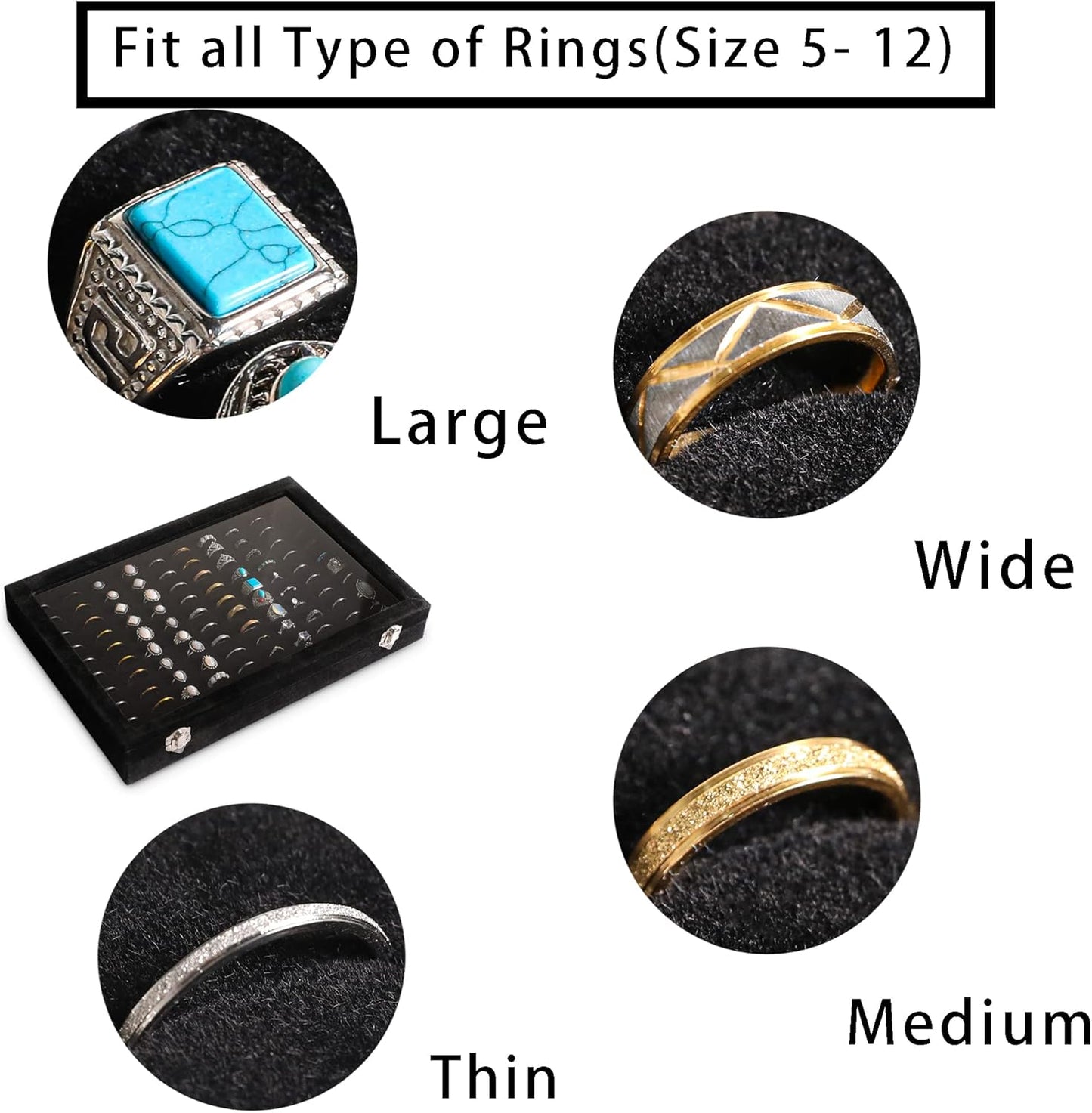 Frebeauty Ring Organizer Tray 100 Slots Ring Holder with Clear Lid Velvet Storage Box Jewelry Tray for Jewelry Store Earring Display Case for Jewelry Show Studs Box for Women(Black)
