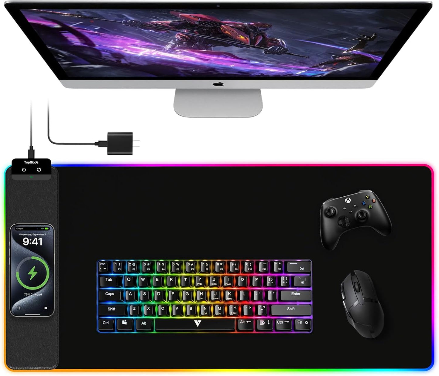 TopMade Mouse Pad with Wireless Charging, 31.5" x 15.75" Large Desk Mat RGB Gaming Mousepad, LED Desk Pad Keyboard Pad, Waterproof Desk Pad (Includes 20W PD Power Adapter & 6.56ft Woven Cable)