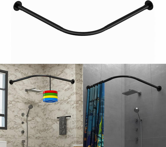 Corner Shower Curtain Rod Adjustable Stainless Steel L Shaped Rack Drill Free Install for Bathroom, Bathtub, Clothing Store (Black, 27"-39"x27"-39")