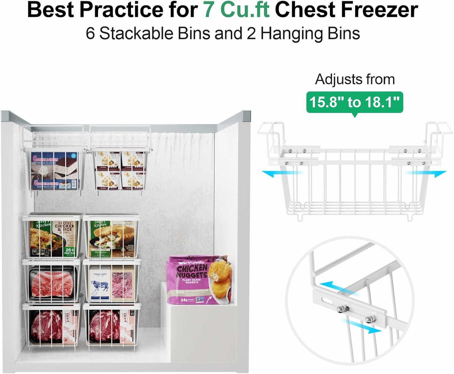 iSPECLE Freezer Organizer Bins - Expandable from 15.8" to 18.1", Fit 7 Cu.Ft Deep Freezer, Hanging Baskets for Chest Freezer, Easy Slide Access, 2 Pack, White