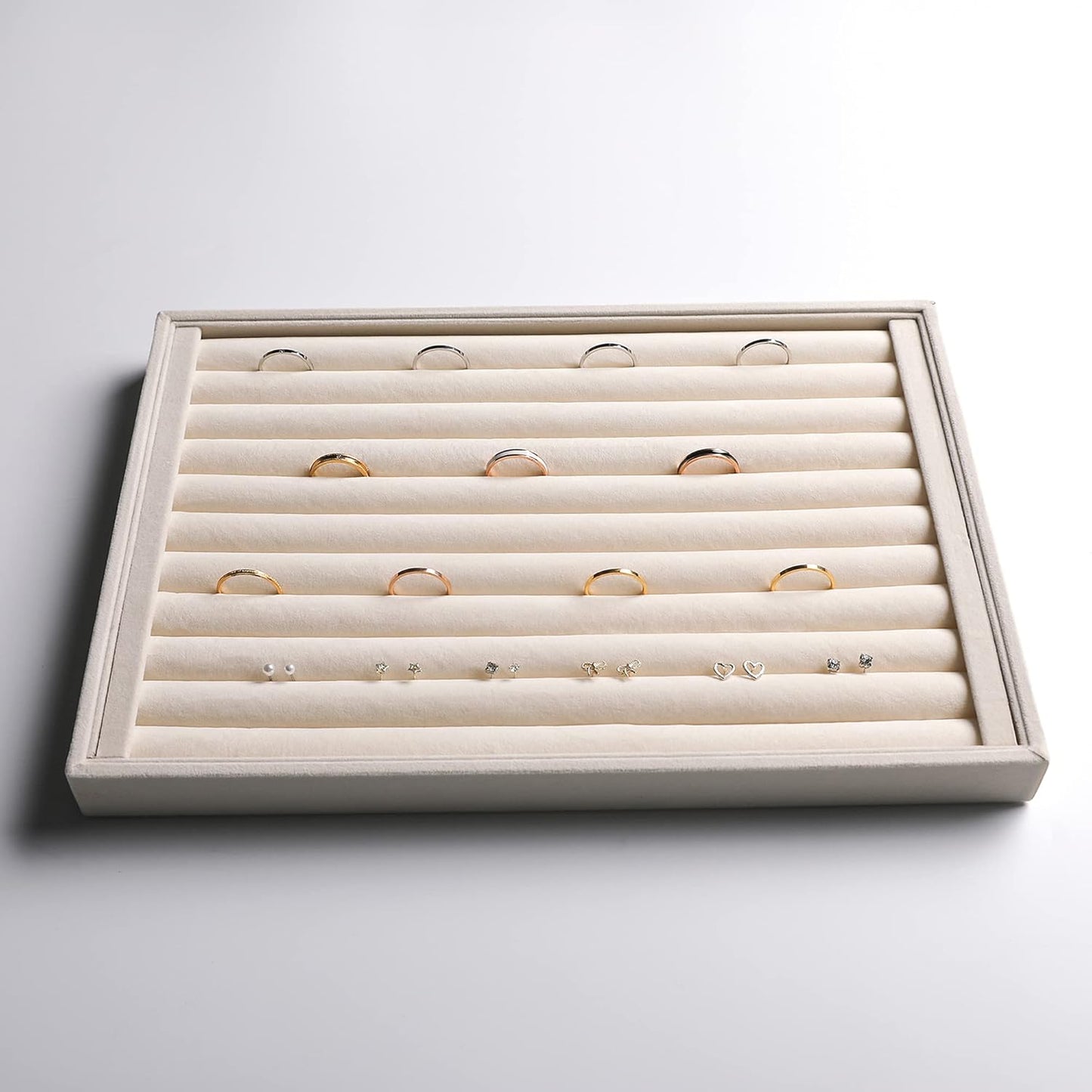 Frebeauty Stackable Velvet Jewelry Organizer Trays for Drawers Inserts Jewelry Storage Tray Display Case Earrings Bracelets Necklace Rings Accessories Trays for Women Girls(Set of 4)（Beige