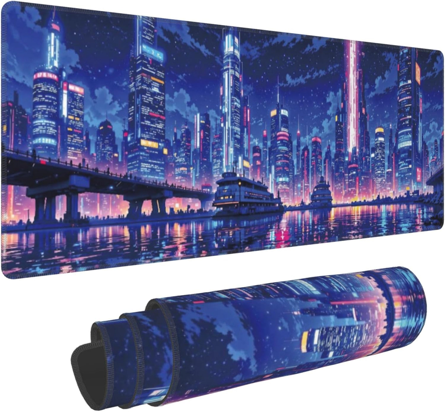 Neon City Large Mouse Pad, Anime Style Gaming Desk Mat, XL Keyboard Desk Pad Mat for Desktop, 31.5"x11.8" Non-Slip Base Big Mousepad with Stitched Edges
