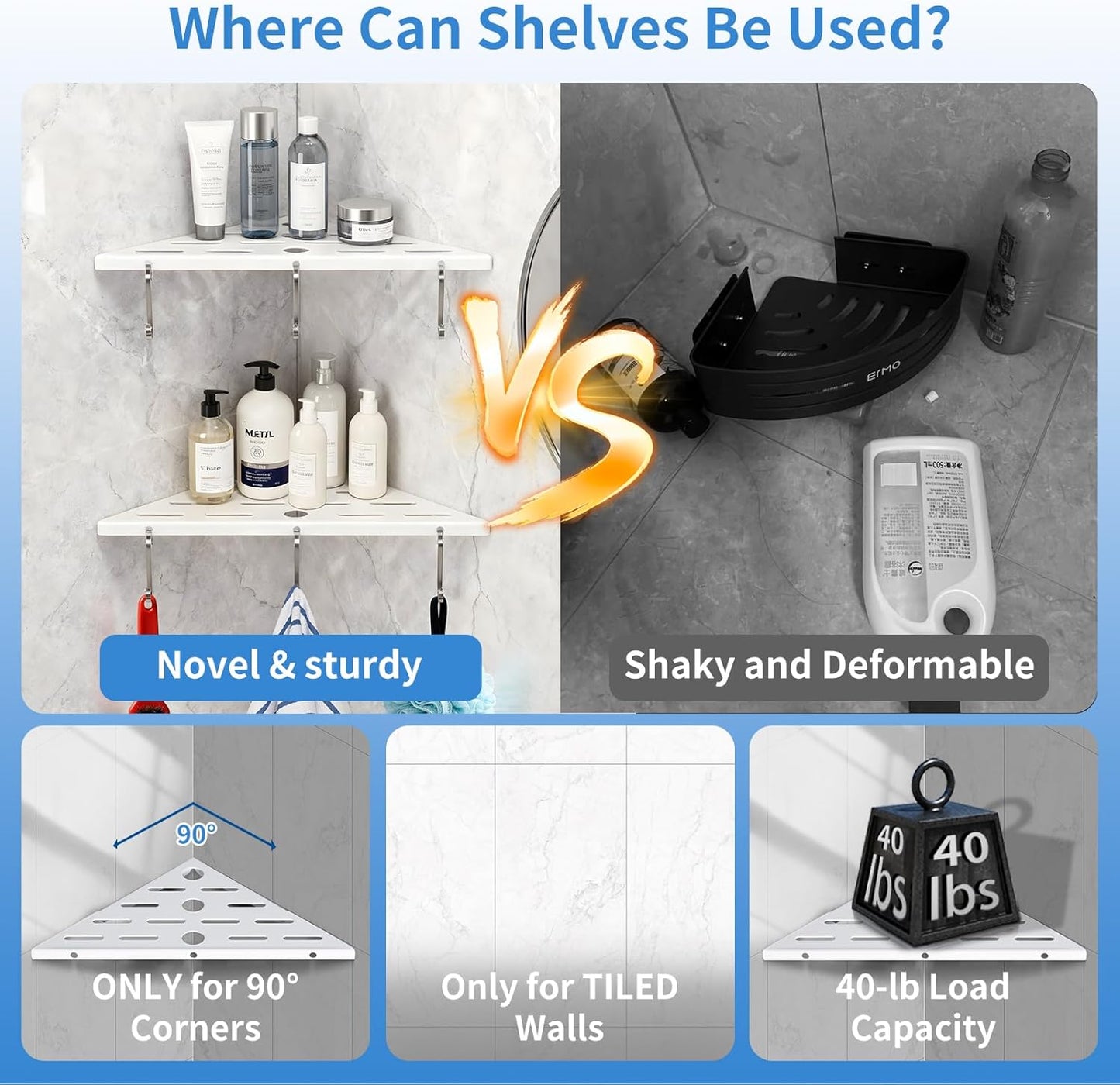 Shower Corner Shelf 304 Stainless Steel Shower Caddy 2 Tier Shower Organizer Niche Extra 6 Hangers Shelves 40 lbs Large Capacity Bathroom Storage for Inside Anti-Rust Drilling Installation(White)