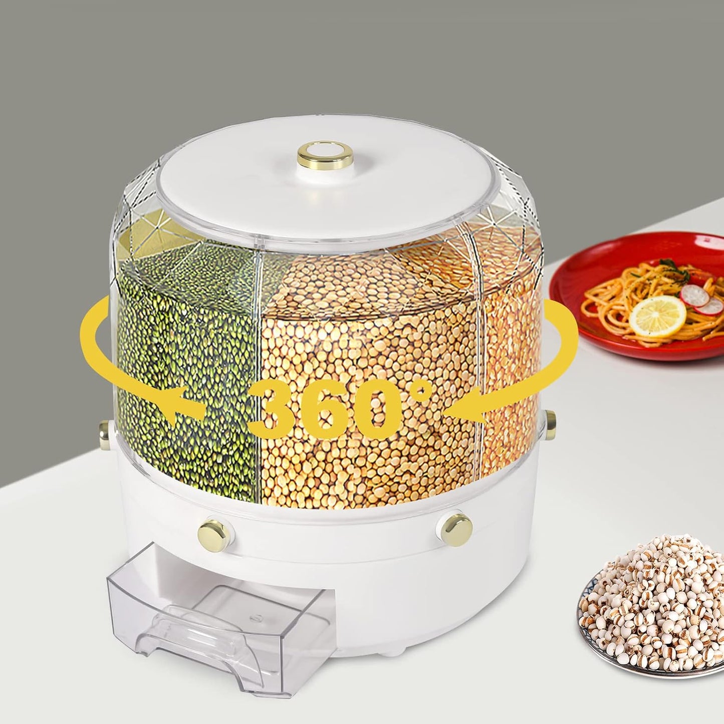 Cereal Dispenser Countertop 360° Rotating Grain Storage Container 13.2 Lbs Rice Dispenser 6 Grids Dry Food Dispenser Candy Dispensers Countertop for Small Grains, Beans, Rice
