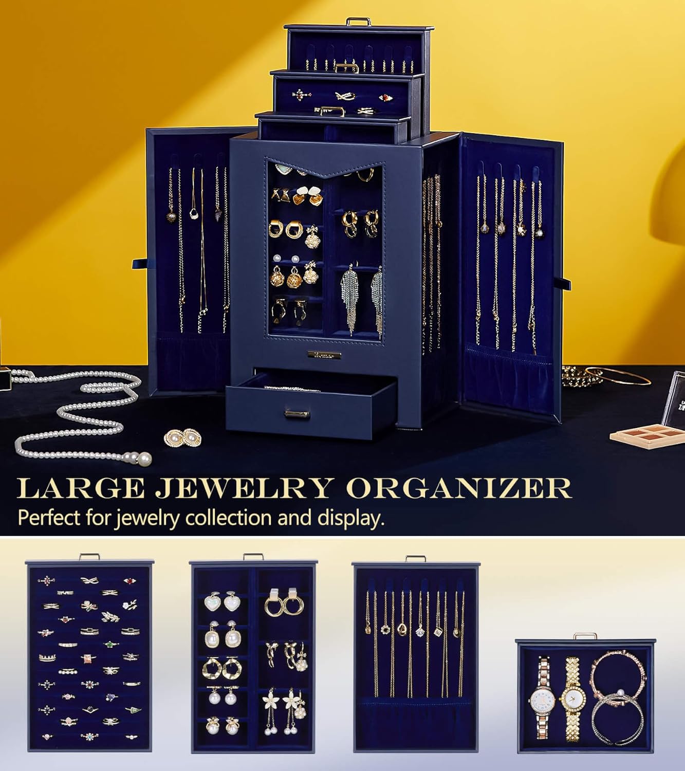 Homde Jewelry Organizer with Transparent Window Necklace Hooks Gift for Women Jewelry Box Display Case for Necklaces Rings Earrings Bracelets and Other Accessories (Dark Blue)