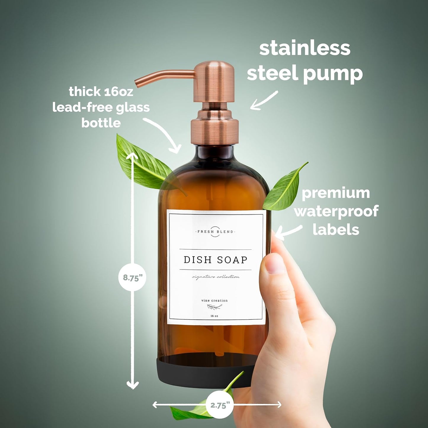 Vine Creations Amber Glass Soap Dispenser, 2 Pack Kitchen Soap Dispenser Set with Stainless Steel Pump, 16 oz Dish Soap and Hand Soap Dispensers for Bathroom with Waterproof Labels