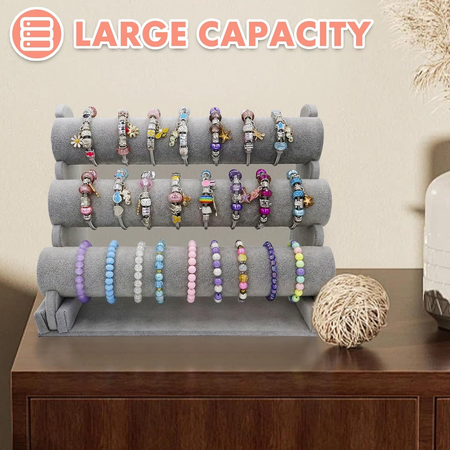 Barelove Velvet Bracelet Holder with 3 Tier Rack, Grey T-Bar Storage Organizer Detachable Display Stand for Necklace Watch Bangles Bracelets Scrunchies Organization Showcase