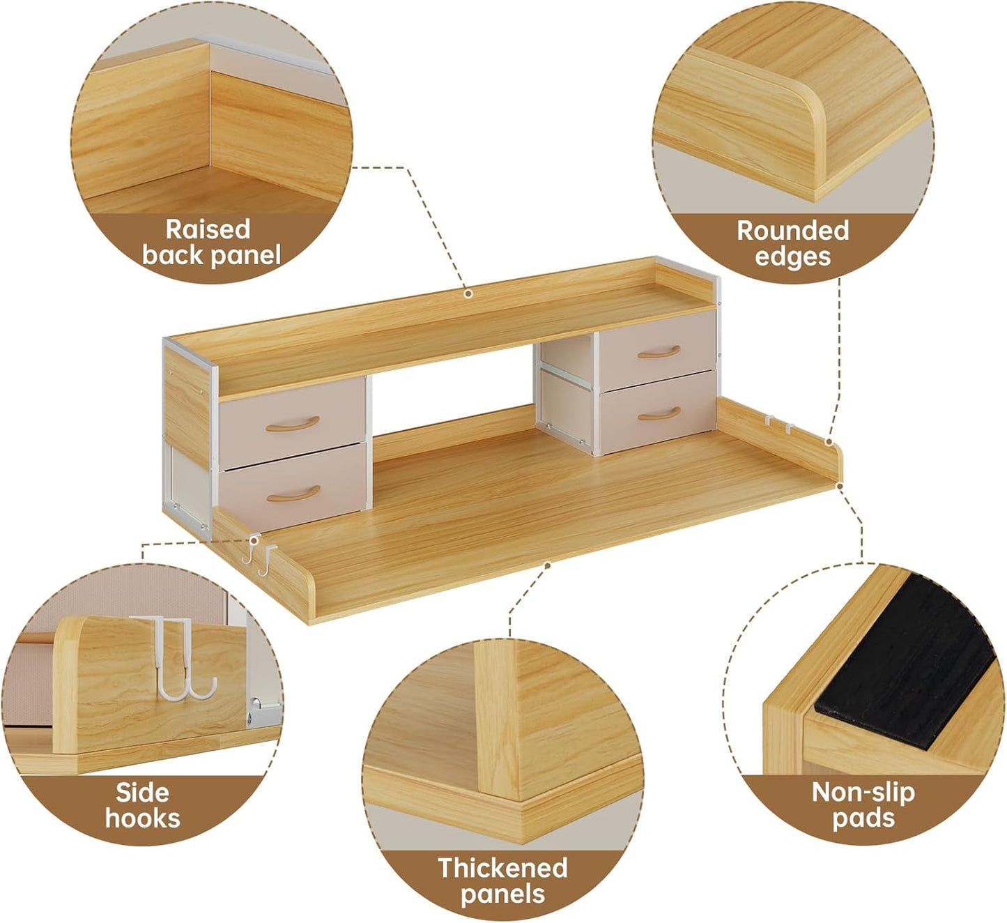 4 Drawers Washer Dryer Countertop with Shelf, 27.5" D x 54" W Laundry Topper with 3.54" High Guardrails and Non-Slip Pads,Extra Storage Organizer for Over Washer and Dryer, Holds 66 Lbs,Light Oak